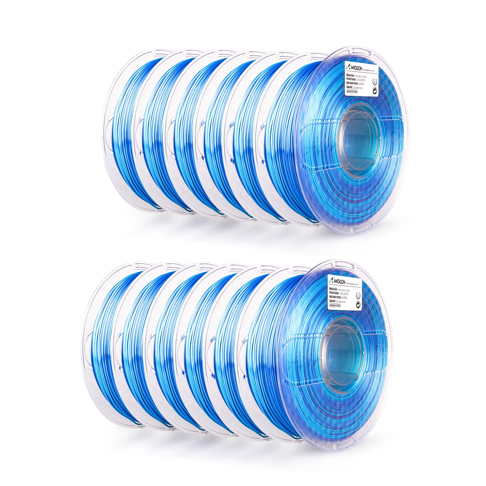 Amolen 12-Pack Blue Silk Shiny PLA Filament 1.75mm spools, ideal for 3D printing projects.