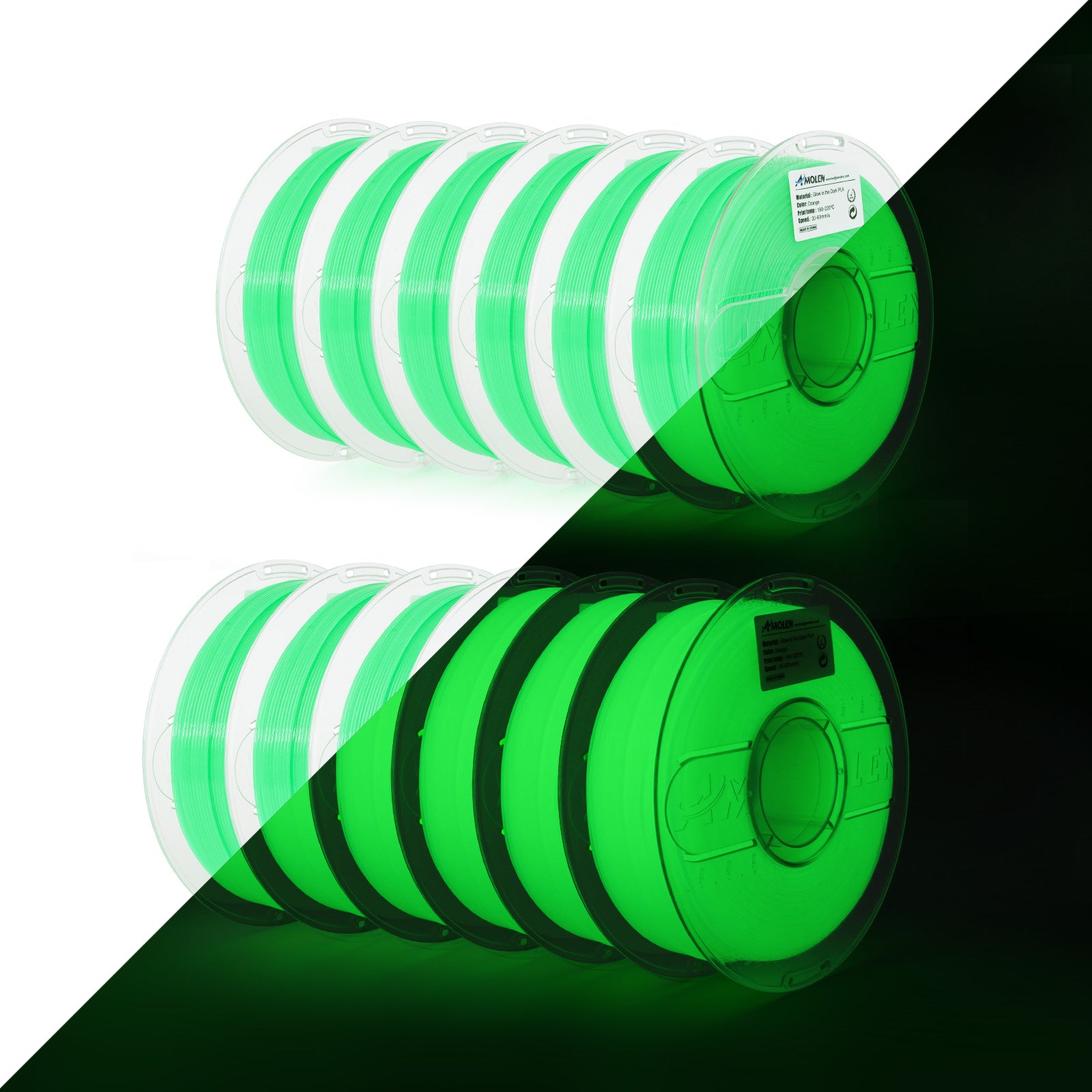 Amolen 12-Pack Glow in the Dark PLA Filament, 1.75mm, green color, perfect for 3D printing projects.