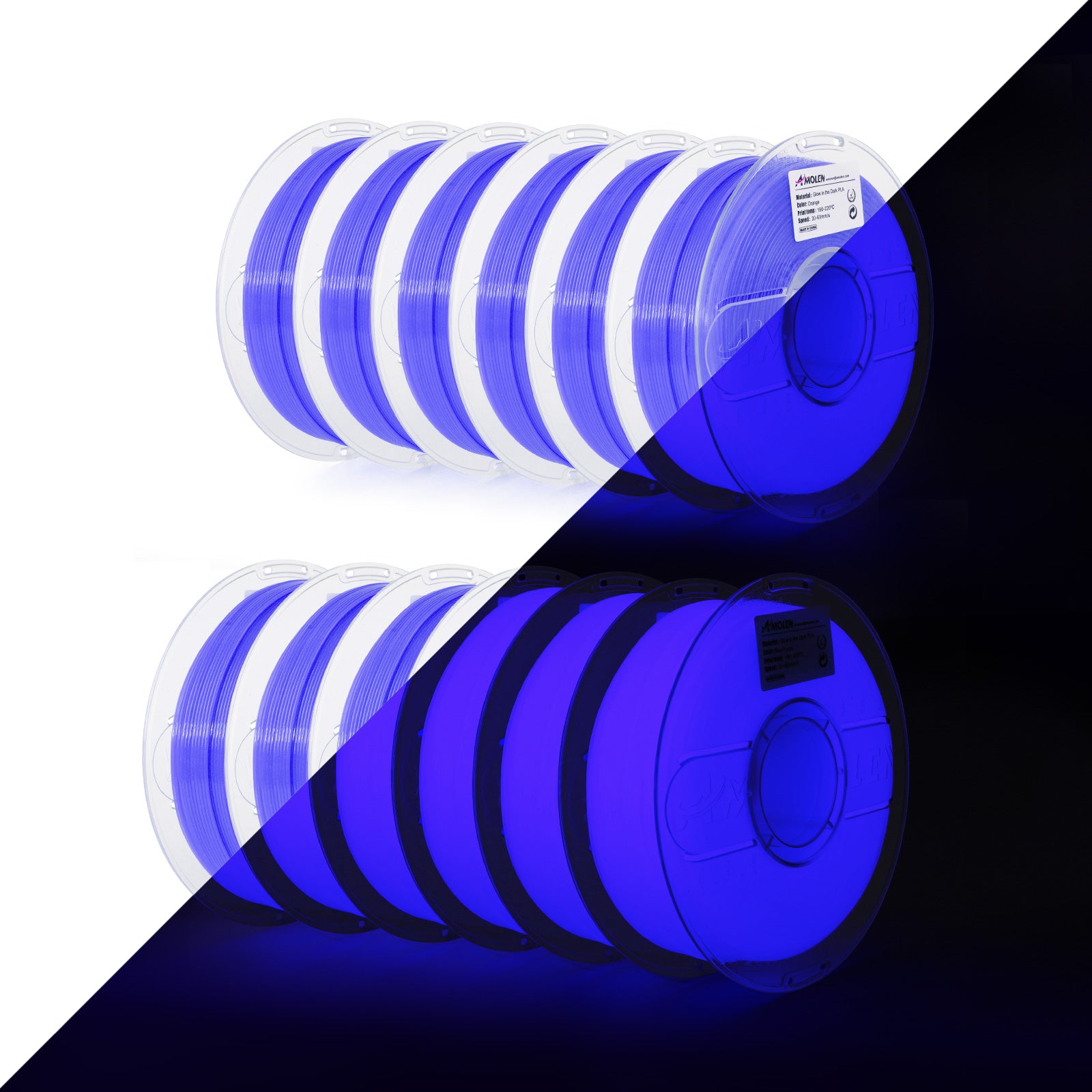 Amolen Glow in the Dark PLA 1.75mm Filament 12-Pack in blue, perfect for 3D printing projects.