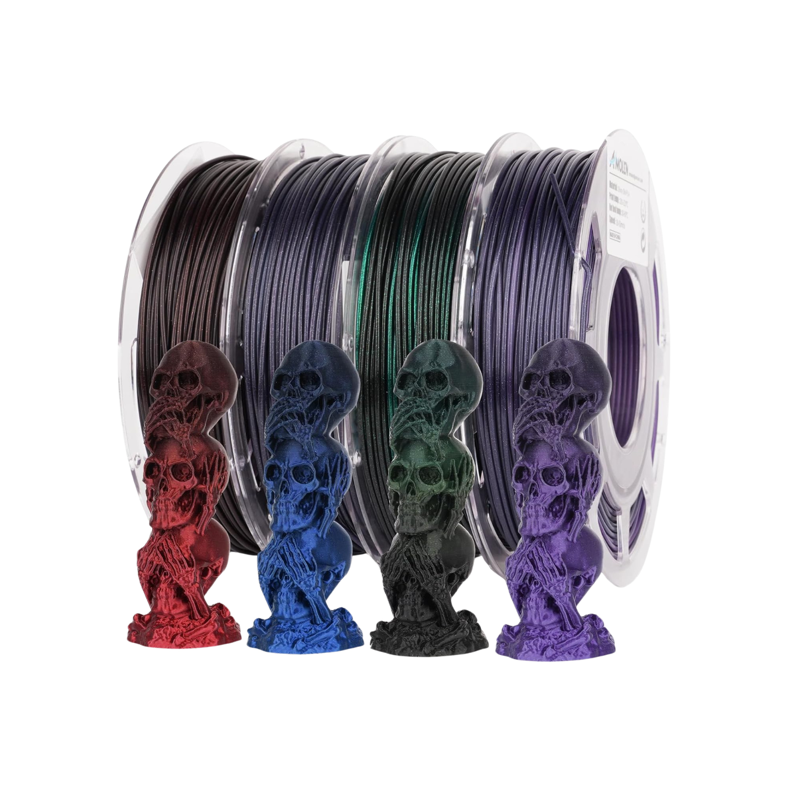 Amolen PLA Silk Gradient Variety Pack with 3D printed skull models in different colors, 1.75mm filament