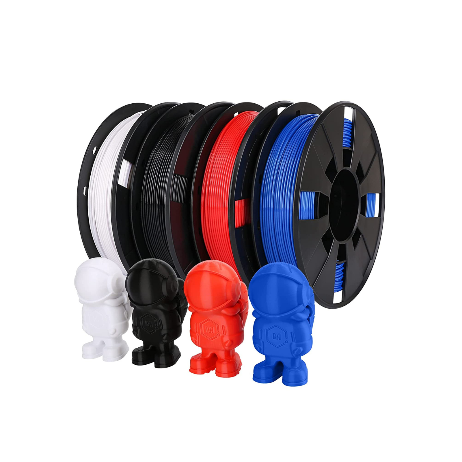 PETG variety pack: White, Black, Red, and Blue 3D printer filament spools with astronaut models