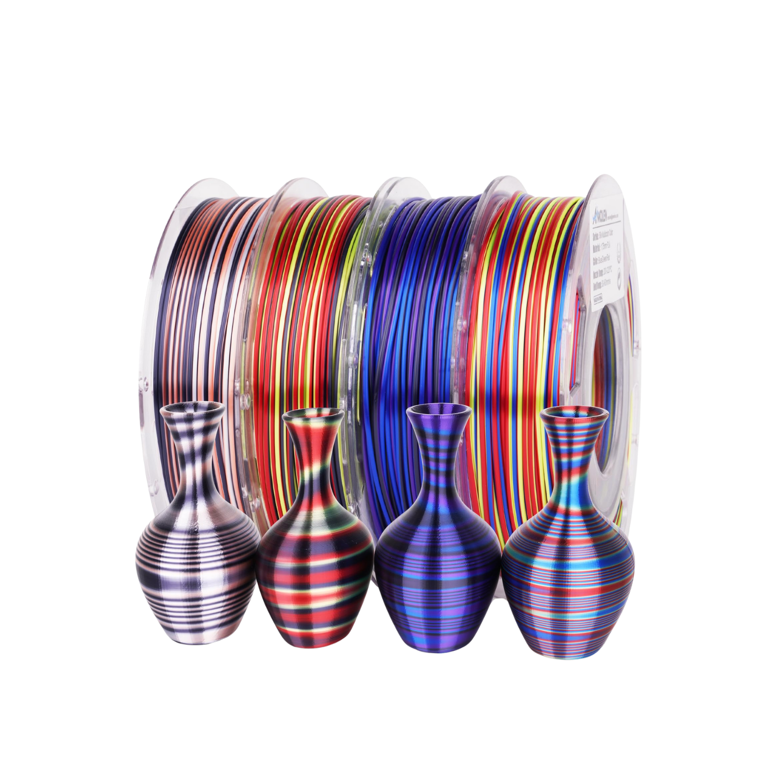 PLA Silk S-Series filament variety pack from Amolen, demonstrating unique colors and shimmering effects for 3D printing