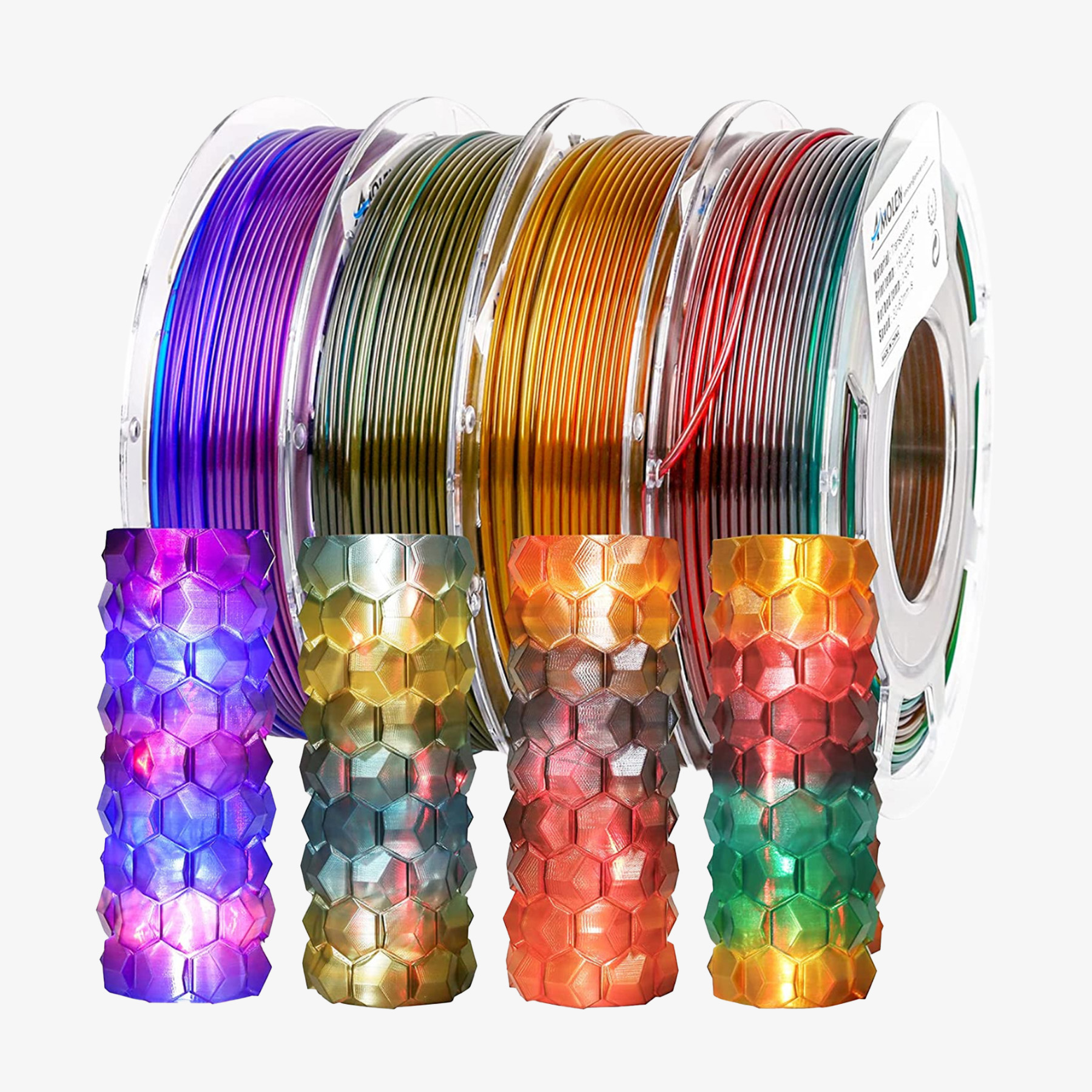 Amolen PLA Transparent Gradient filament, showcasing 3D-printed models with gradient colors, creating unique light effects
