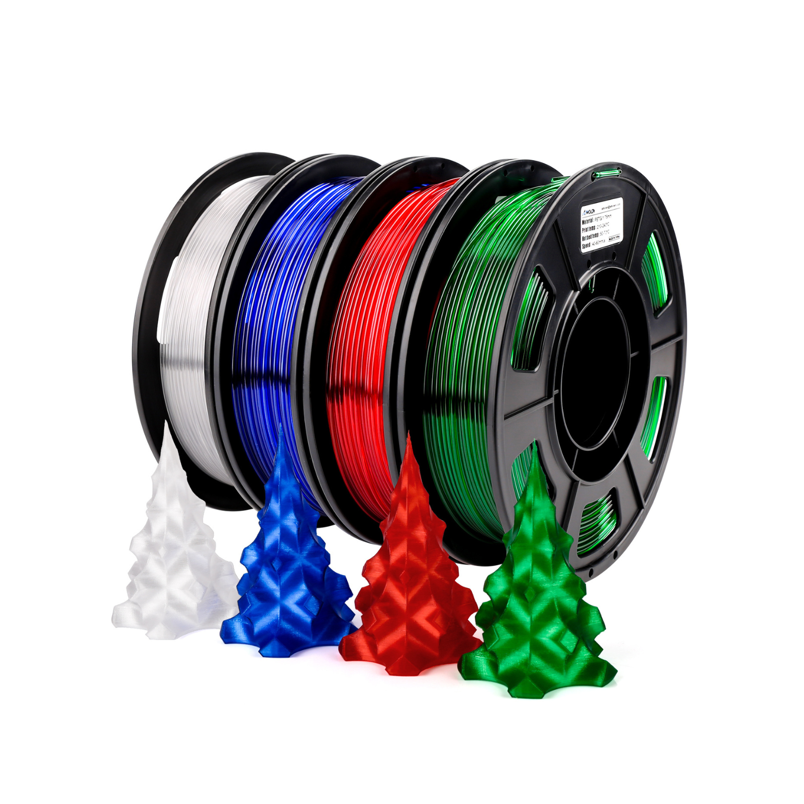 Amolen PETG transparent filaments variety pack showcasing 3D printed Christmas trees in vibrant colors for unique effects.