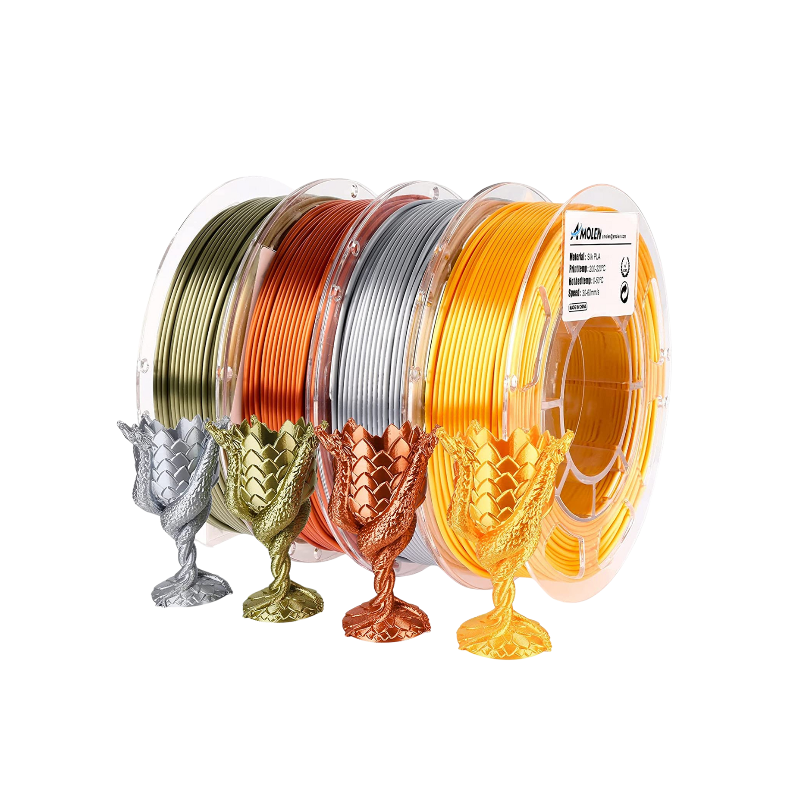 Amolen PLA Silk Basic Variety Pack, 4 Colors, 3D printed dragon vases, smooth shiny finish