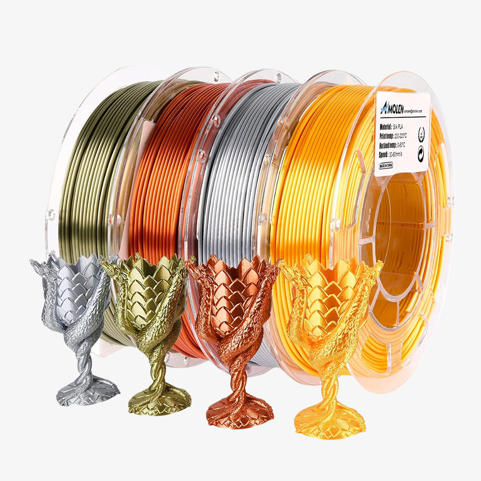 Amolen PLA Silk Basic Variety Pack, 4 Colors, 3D printed dragon vases, smooth shiny finish