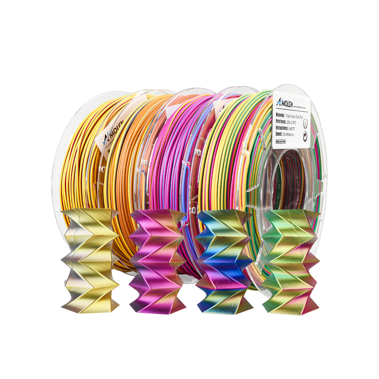 Amolen PLA Silk Triple Color 3D printing filament spools with printed models, featuring vibrant colors.
