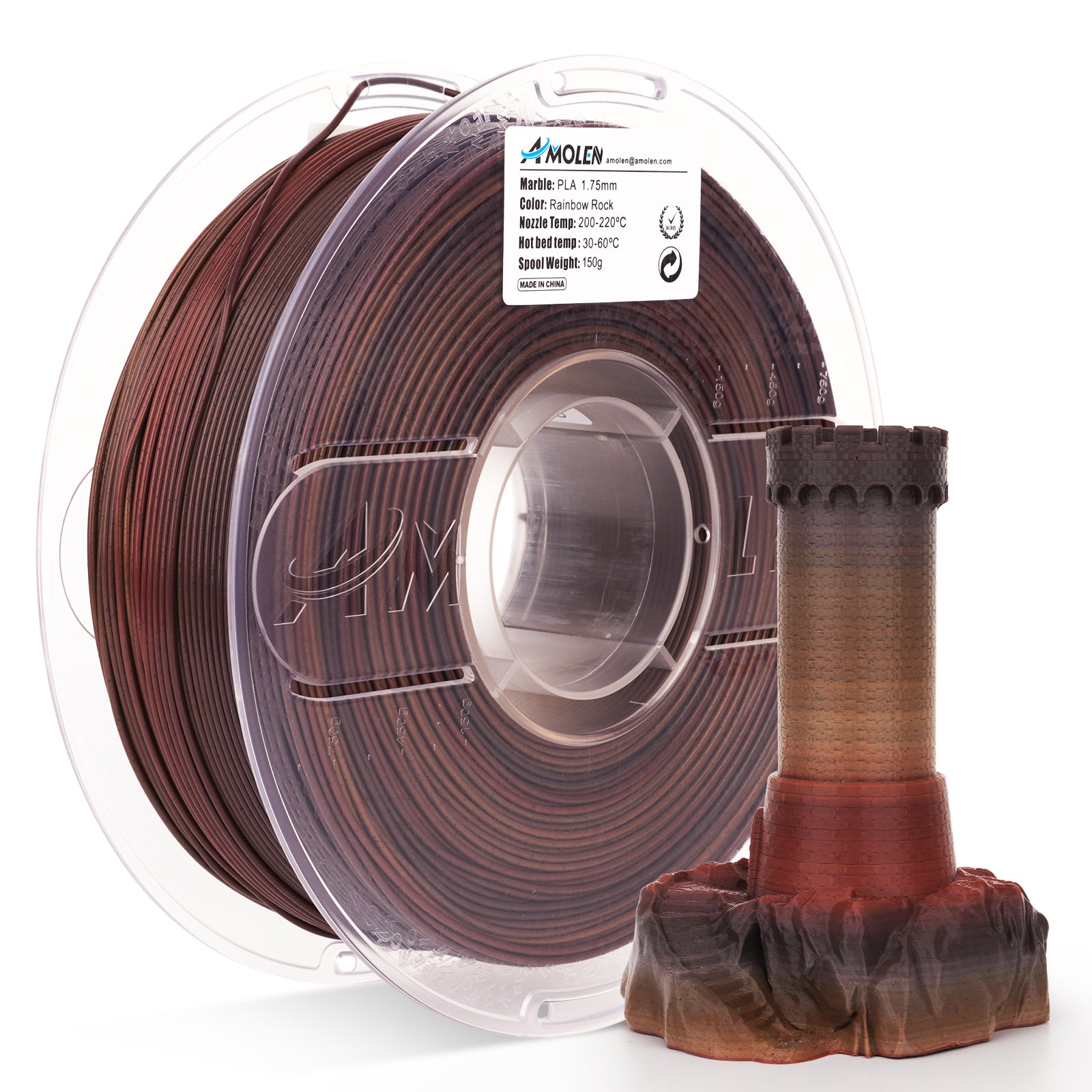 Amolen PLA Marble 1.75mm Rainbow Rock filament spool and 3D printed castle model, marble texture, ideal for 3D printing.