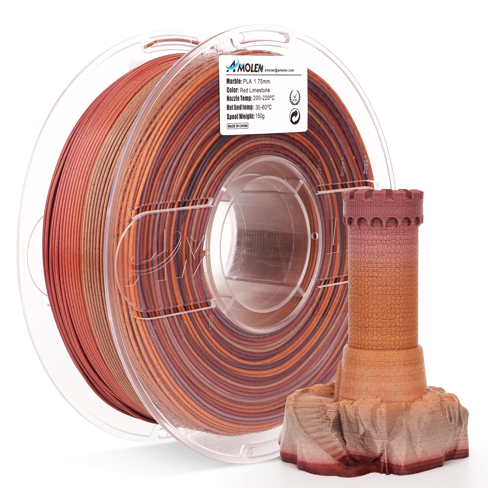 Amolen PLA Marble 1.75mm filament Red Limestone spool with 3D castle model, ideal 3D printing material with marble texture.