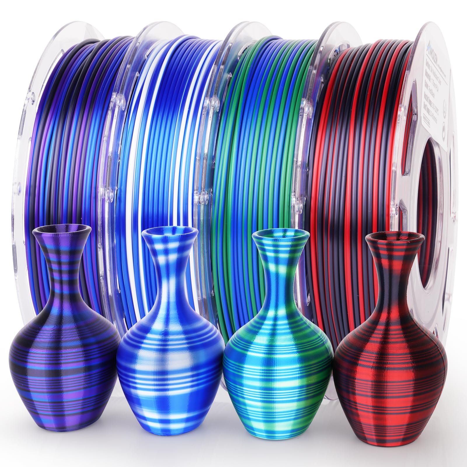 Amolen PLA Silk S-Series filament variety pack with 3D printed vases, demonstrating multicolor 3D printing capabilities