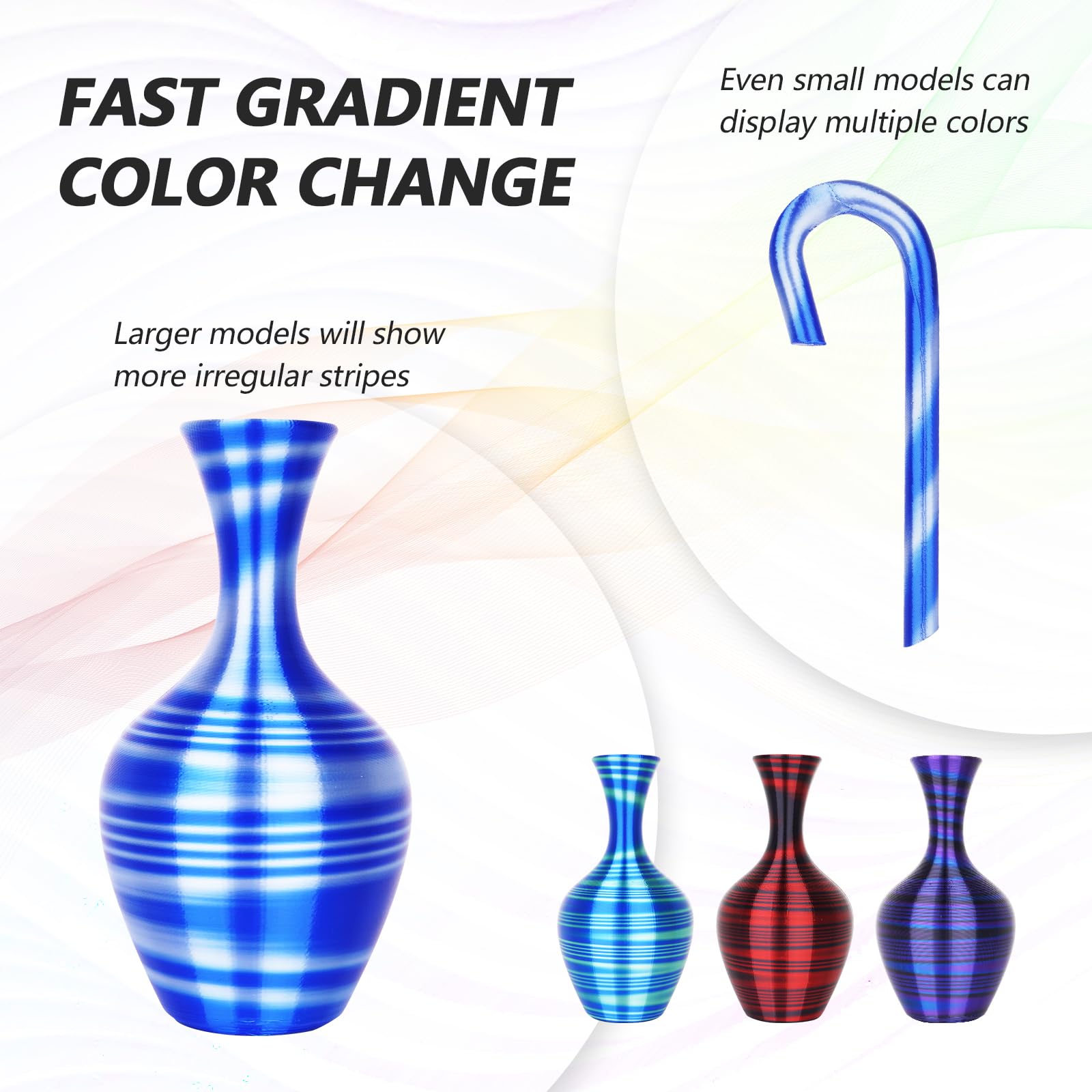 Amolen PLA Silk filament demonstrating fast gradient color change, multicolor 3D prints