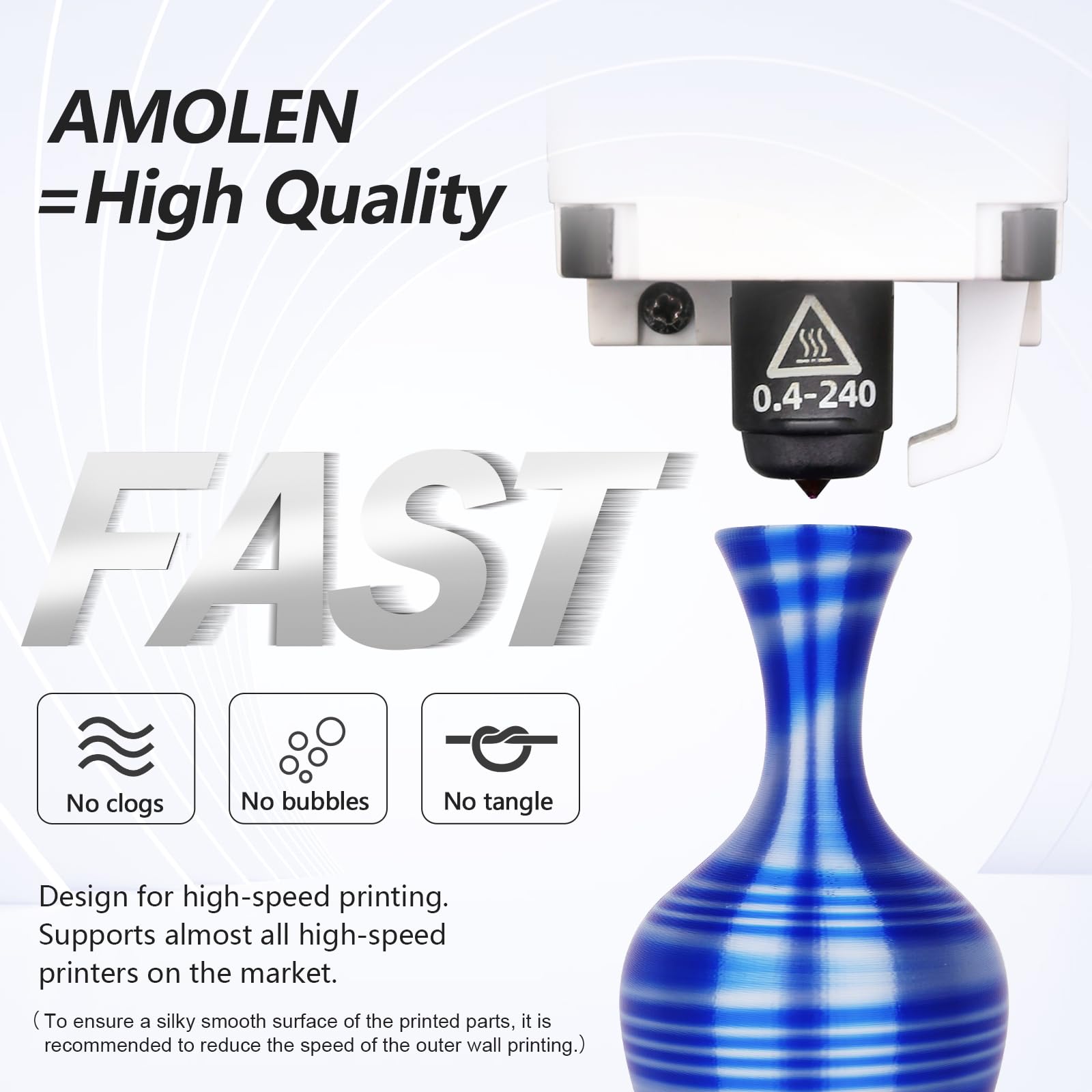 Amolen PLA Silk S-Series filament printing vase, high-speed printing, no clogs, no bubbles, and no tangle for 3D printing.