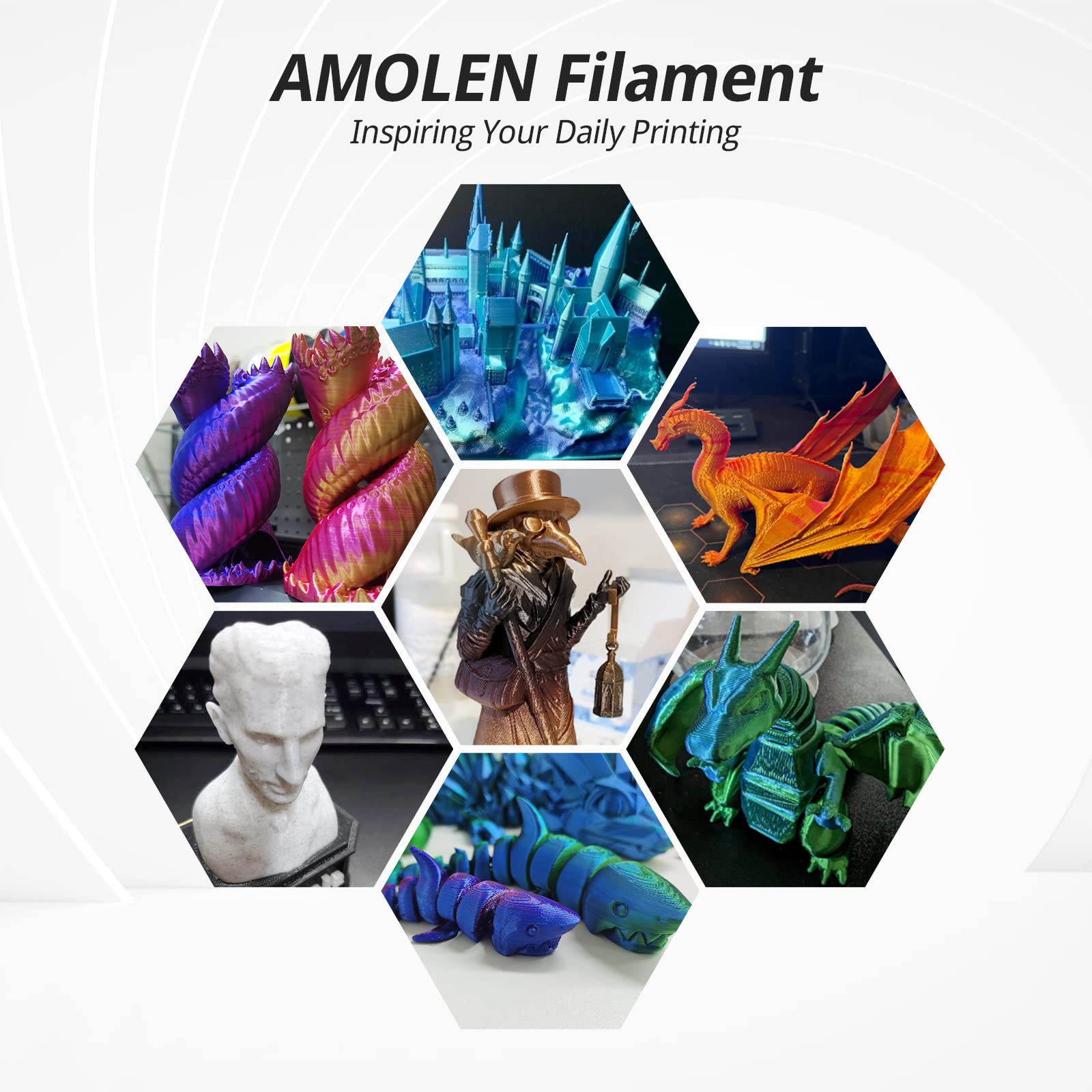 Amolen Filament showcasing 3D prints in various colors, highlighting the creative potential of 3D printing filaments.