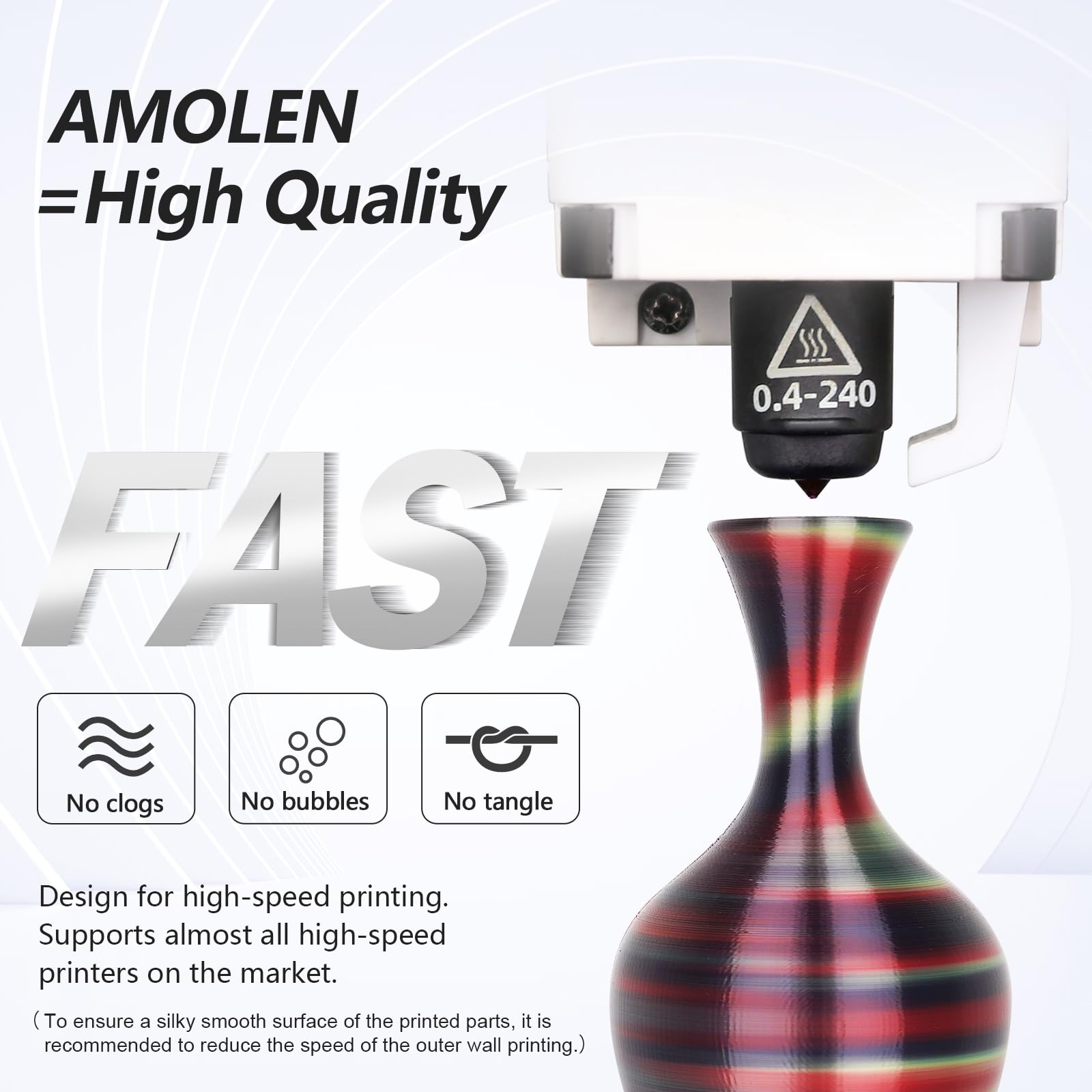 Amolen PLA Silk S-Series filament 3D printing multicolor vase, high-speed, no clogs, bubbles, or tangle