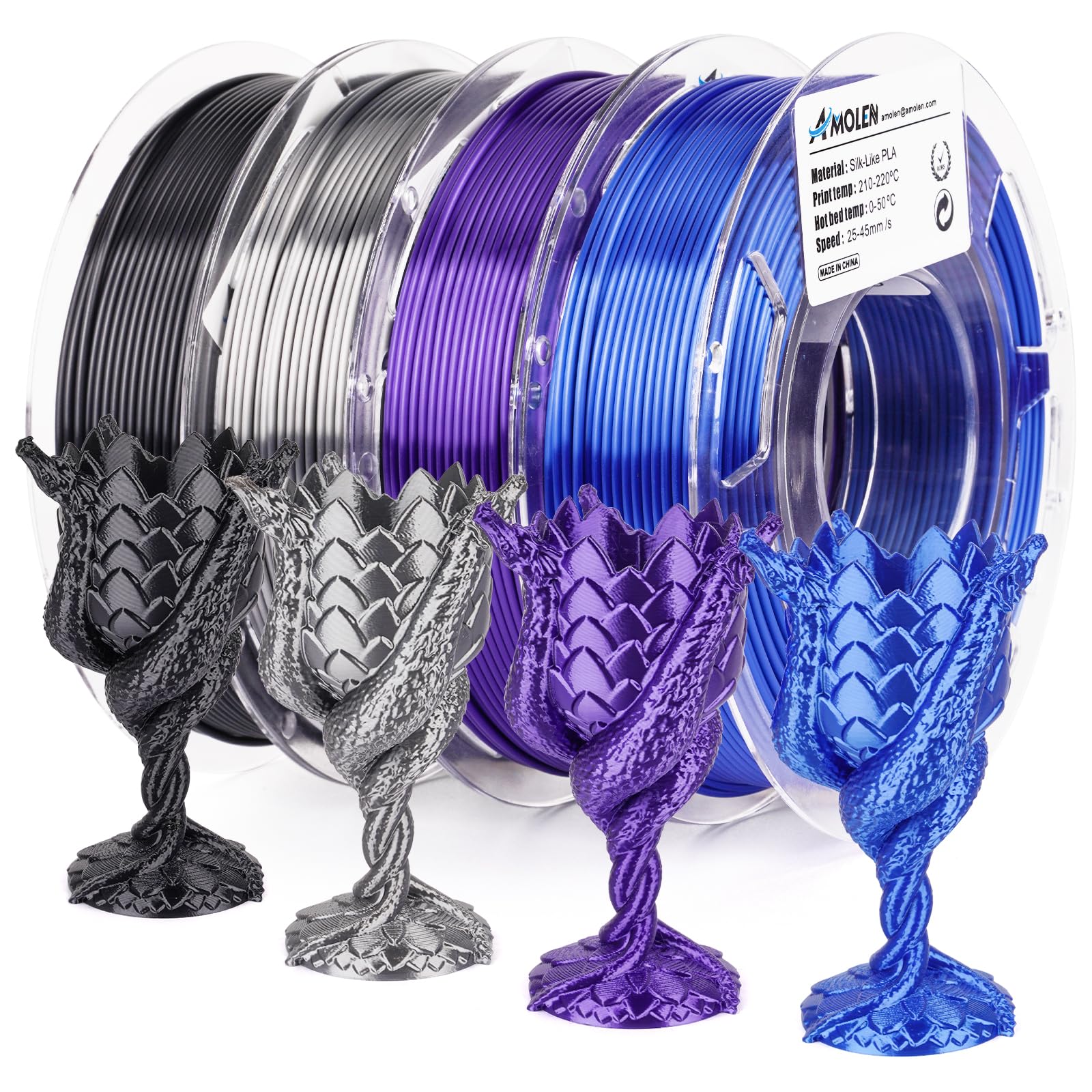 Amolen PLA Silk filament variety pack with 3D printed dragon vases in different colors, smooth shiny finish