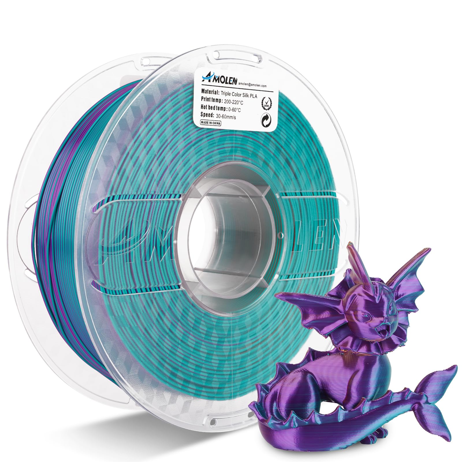 Amolen Silk PLA filament with 3-color changing effect. 3D printed Vaporeon figurine