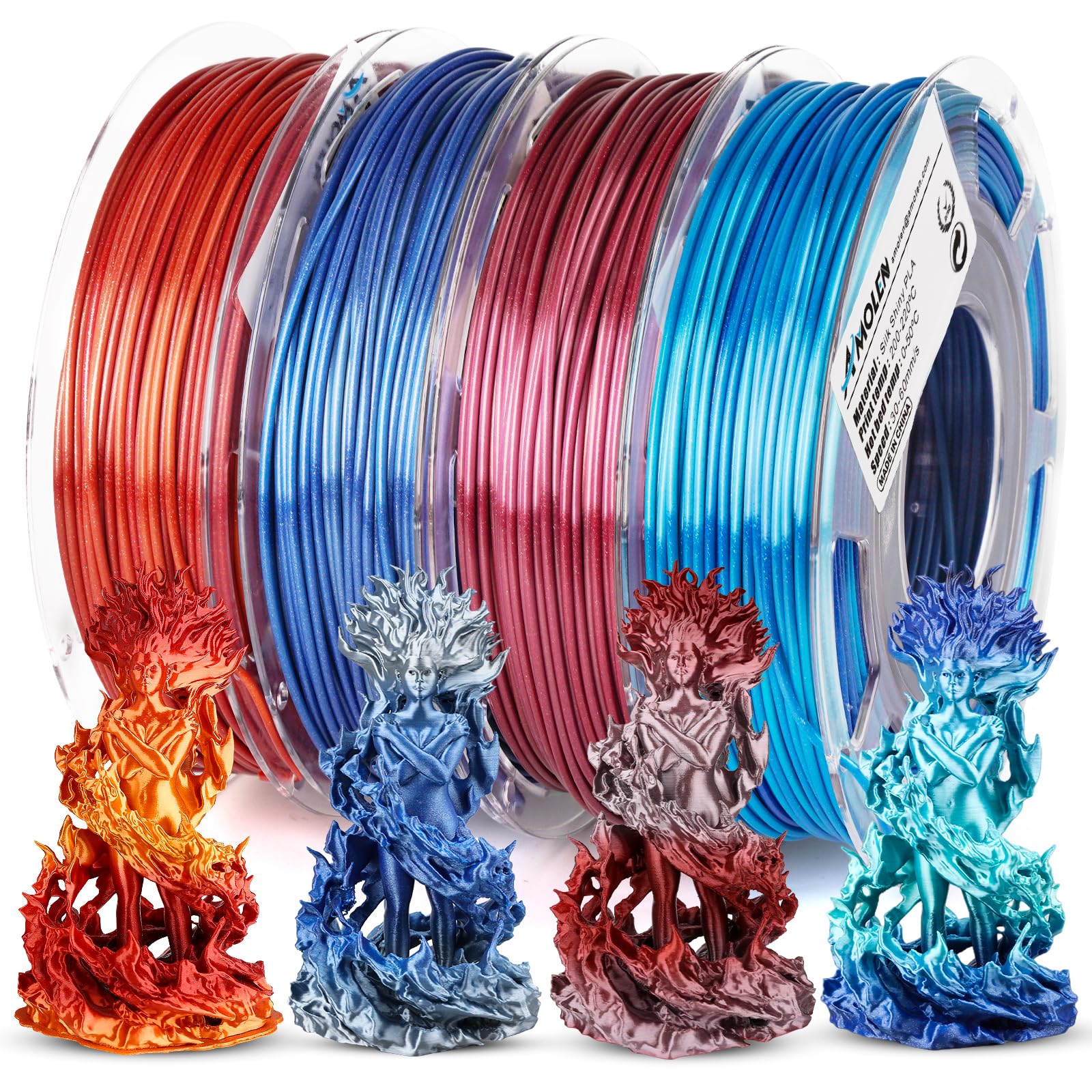 Amolen PLA Silk Shiny Gradient filament variety pack with multi-color silk threads and printed models