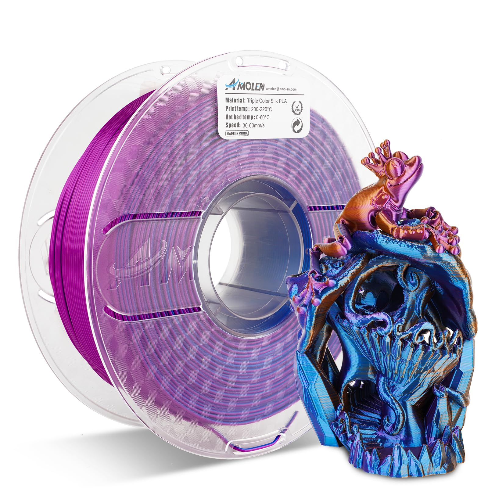 Amolen Silk Triple Color PLA filament and 3D printed skull model, color-changing, 3D printing material