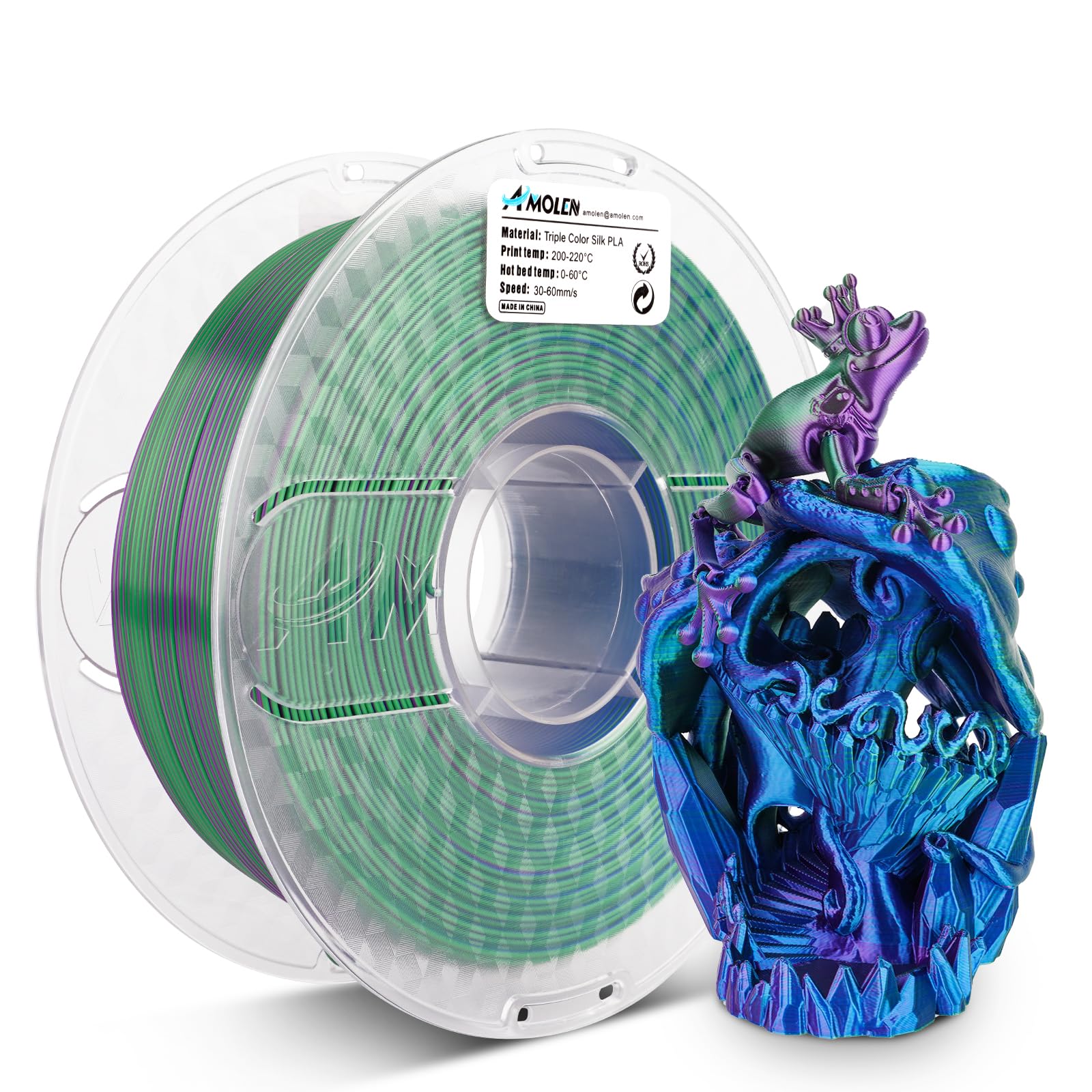 Amolen Triple Color Silk PLA filament spool and 3D printed model showing color change effect for 3D printing