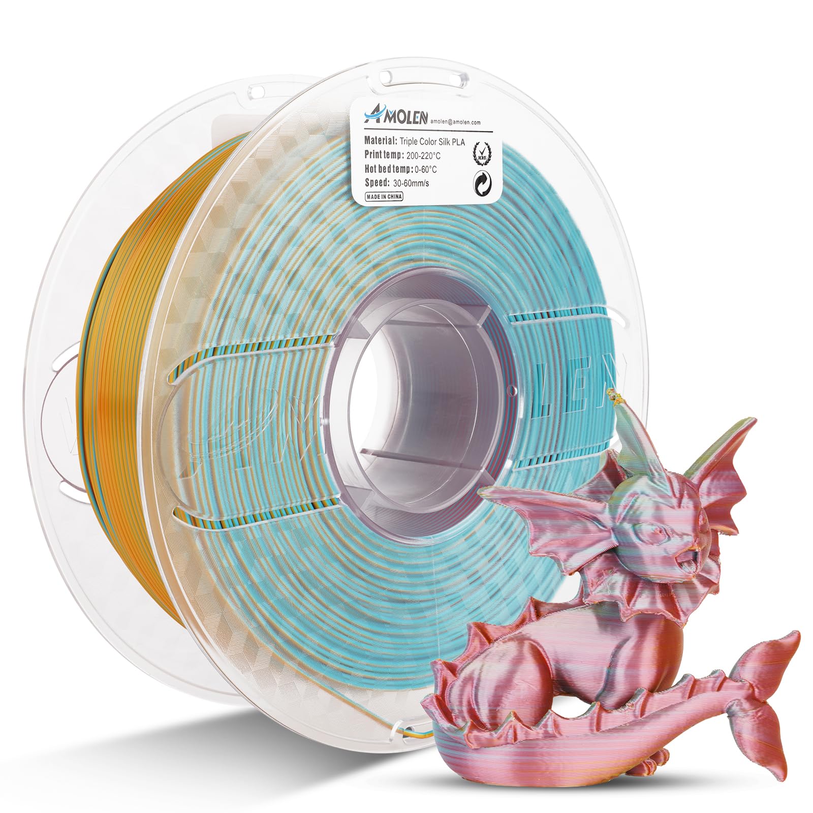 Amolen Triple Color Silk PLA filament spool and 3D printed Vaporeon figurine, color changing for 3D printing