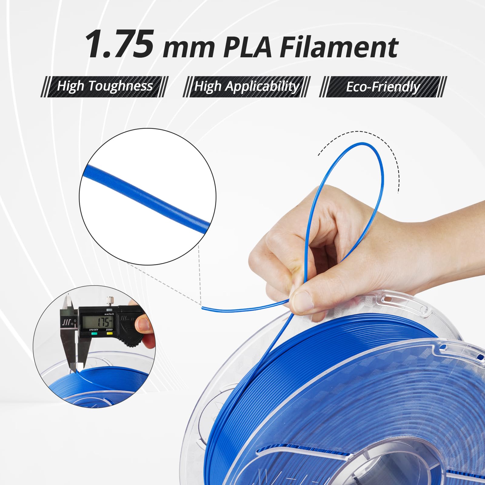 Amolen 1.75mm blue PLA filament, measuring its diameter, high toughness, applicability, and eco-friendly.