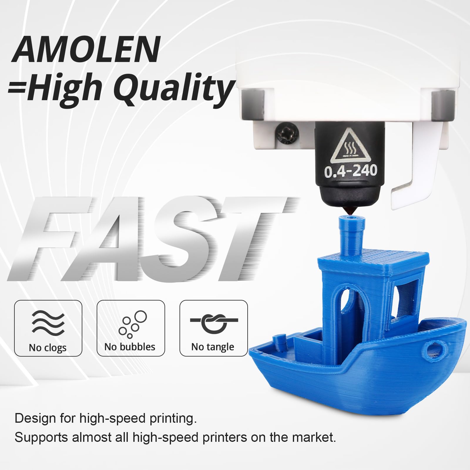 Amolen High-Speed PLA filament 3D printing a blue boat model, no clogs, no bubbles, no tangle.