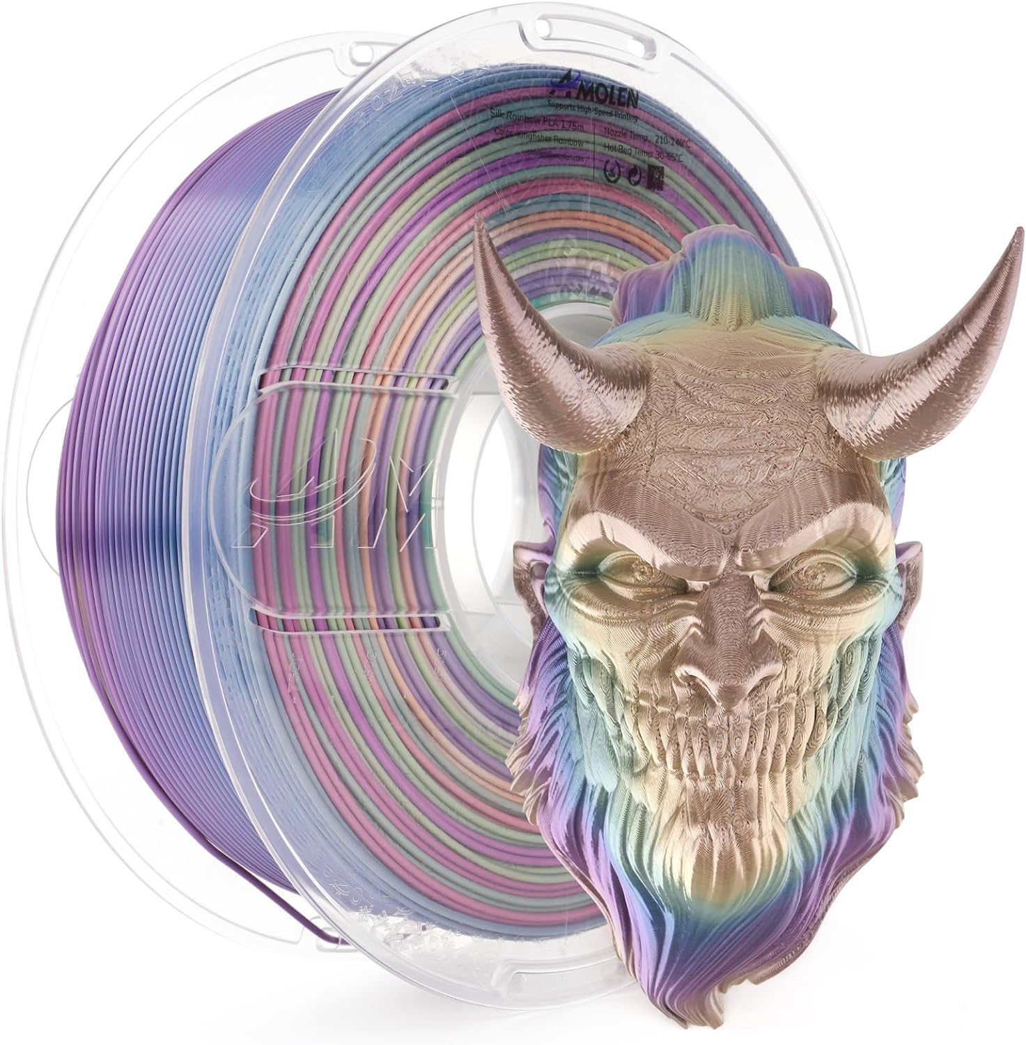 Amolen Silk Rainbow PLA filament spool and 3D-printed demon head model with a vibrant rainbow color gradient, 1.75mm filament