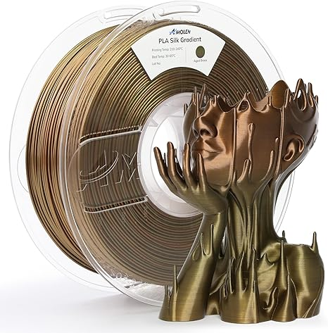 Amolen PLA Silk Gradient filament in Aged Brass with 3D printed sculpture, shiny finish, for 3D printing.