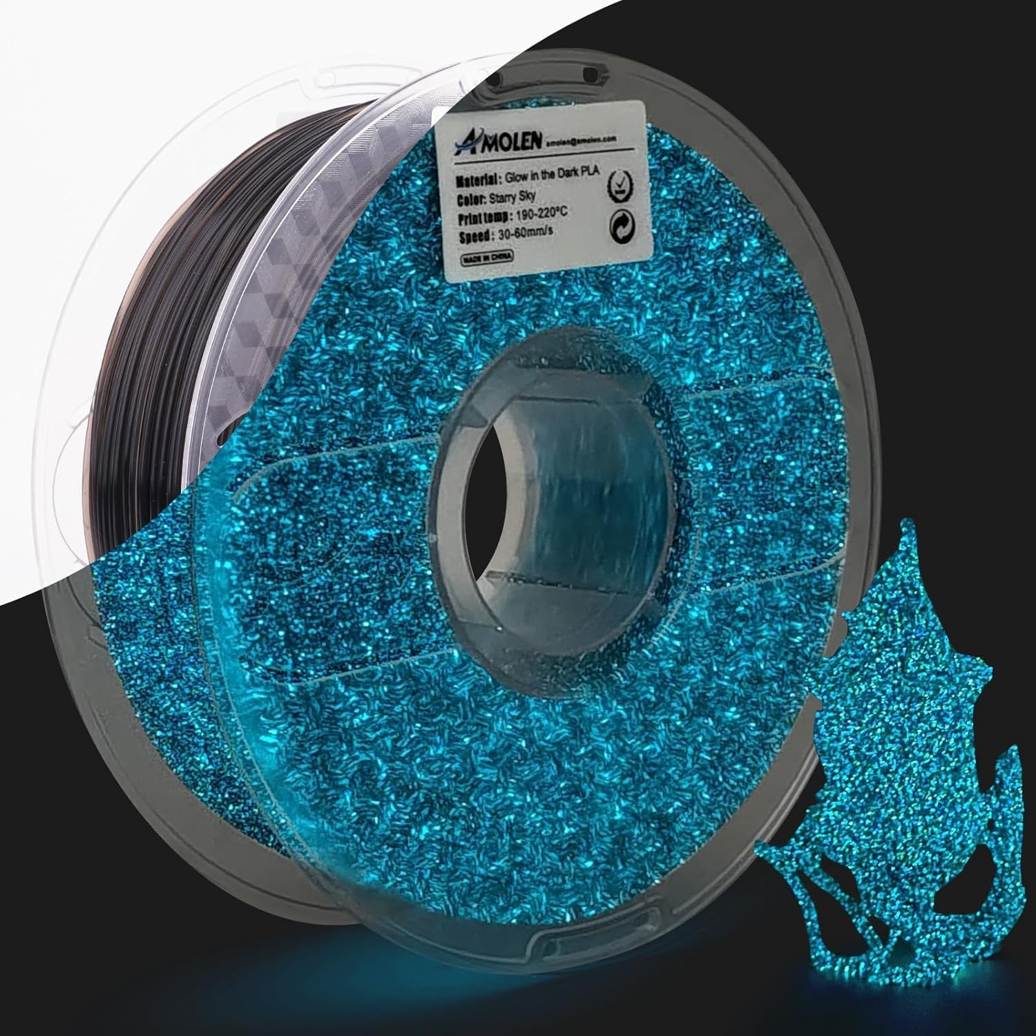 Amolen Glow in the Dark Starry Sky PLA filament spool and 3D printed glowing model