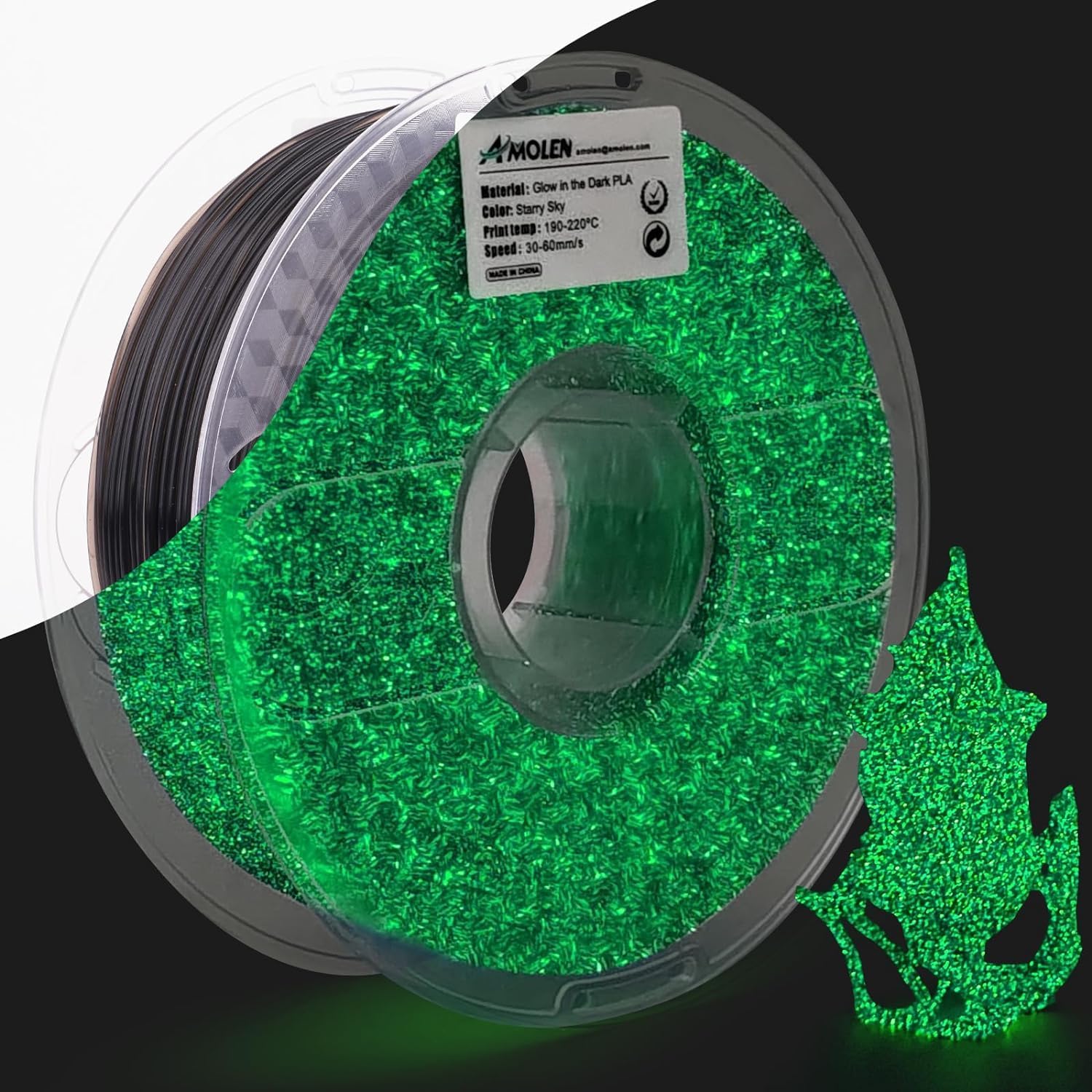 Amolen Glow in the Dark PLA Starry Sky filament spool and 3D printed model, ideal for glow projects.