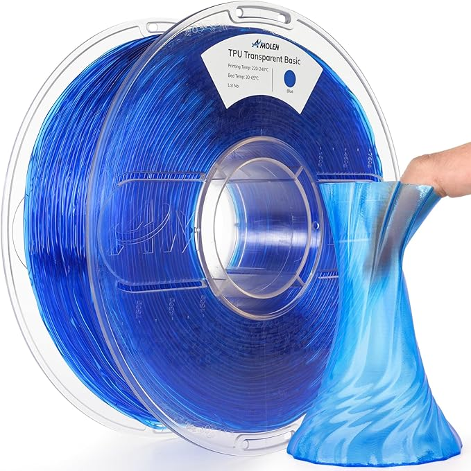 Amolen TPU Transparent Blue 1.75mm filament spool and a 3D printed vase, ideal for 3D printing arts and crafts.