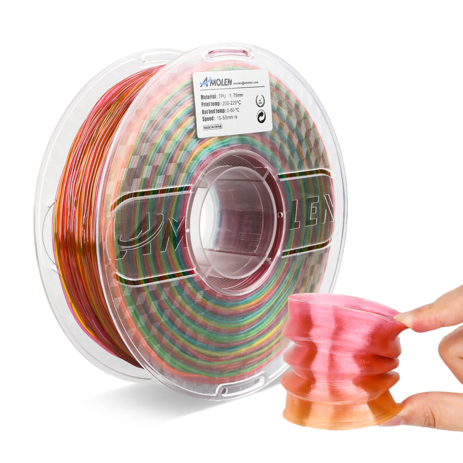 Amolen TPU Rainbow Filament Spool 1.75mm with 3D printed sample, high elasticity and abrasion resistance.