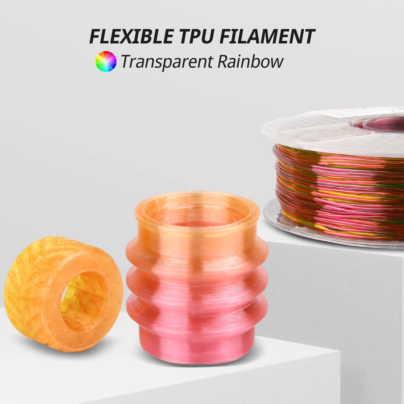 Transparent Rainbow TPU Filament, ideal for flexible 3D printing; showcasing color gradients and versatility.