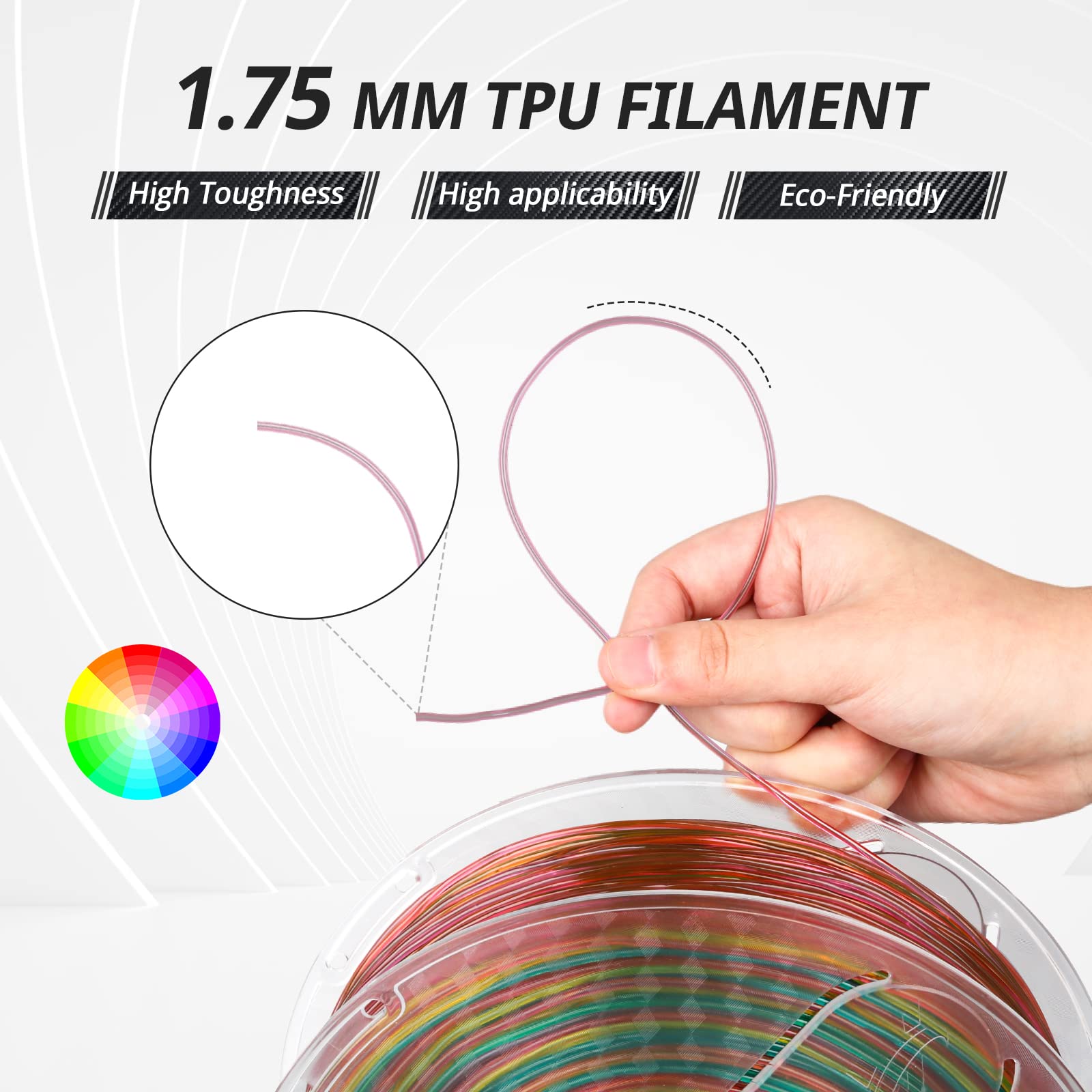 1.75mm TPU Rainbow Filament demonstrating flexibility and color variety for 3D printing, eco-friendly material.