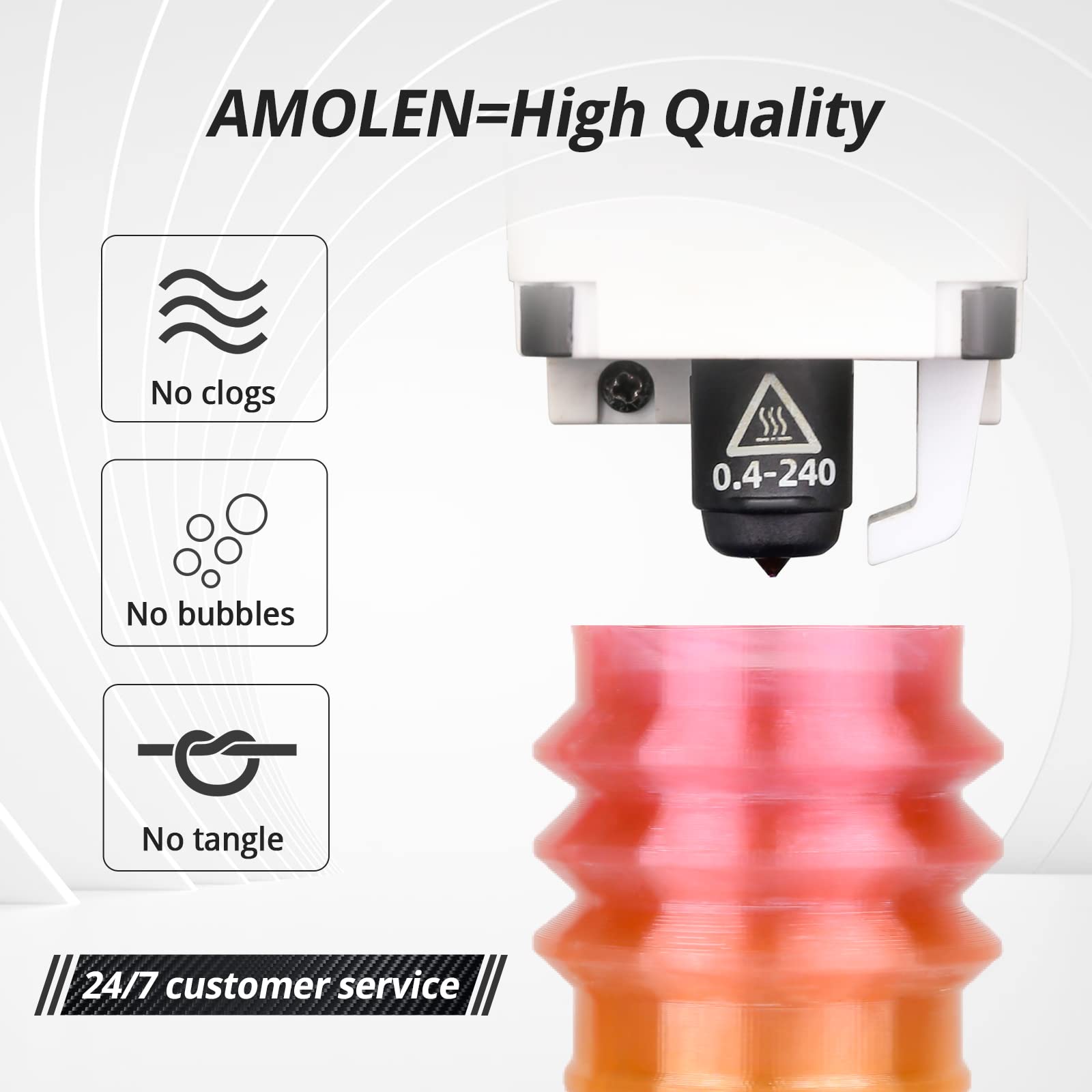 Amolen TPU Rainbow filament 3D print sample. High quality, no clogs, no bubbles, no tangles. 24/7 customer service.