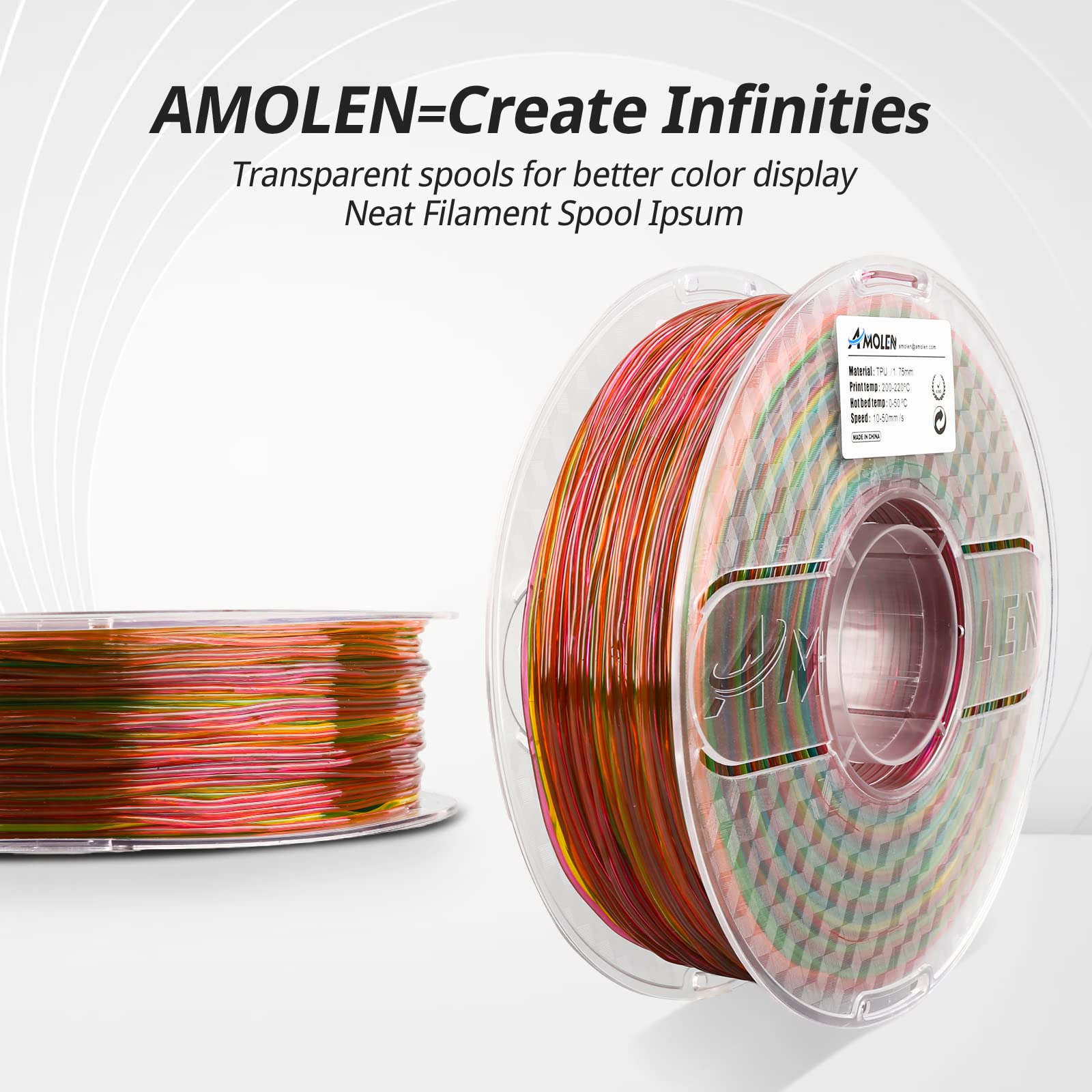 Amolen TPU Rainbow 1.75mm filament spool. High elasticity and abrasion resistance. Transparent spool for better color display