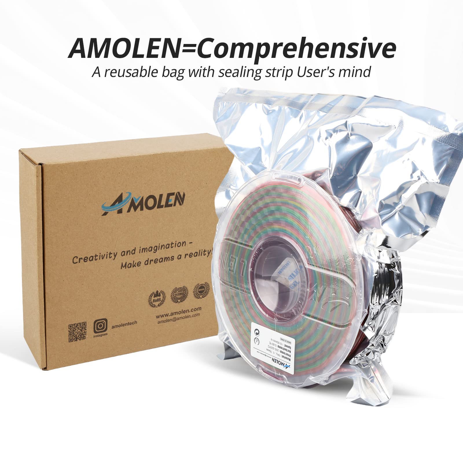 Amolen TPU Rainbow 1.75mm filament in reusable bag. High elasticity and abrasion resistance, eco-friendly.