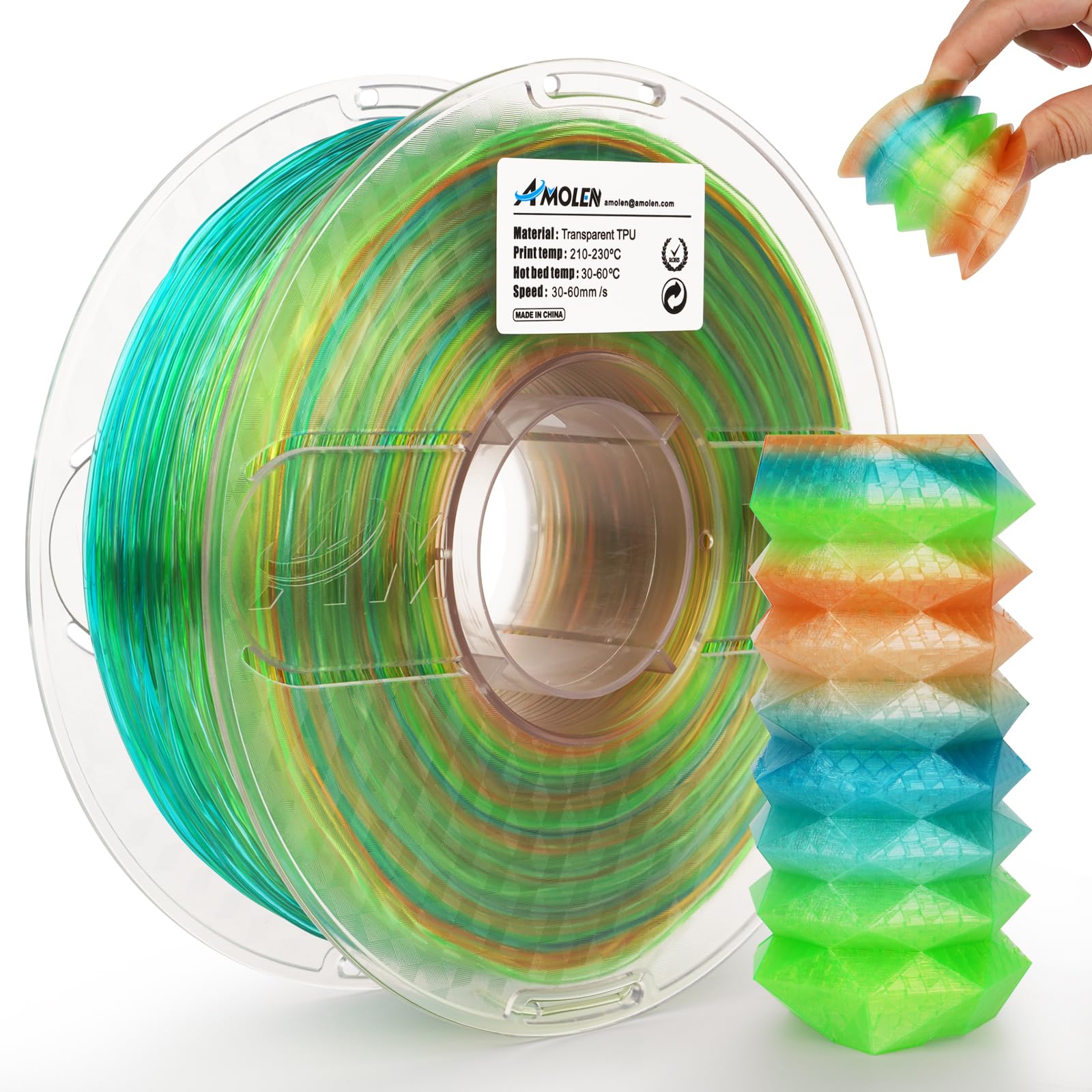 Amolen TPU Rainbow filament 1.75mm, multicolor, shows a 3D printed sample.