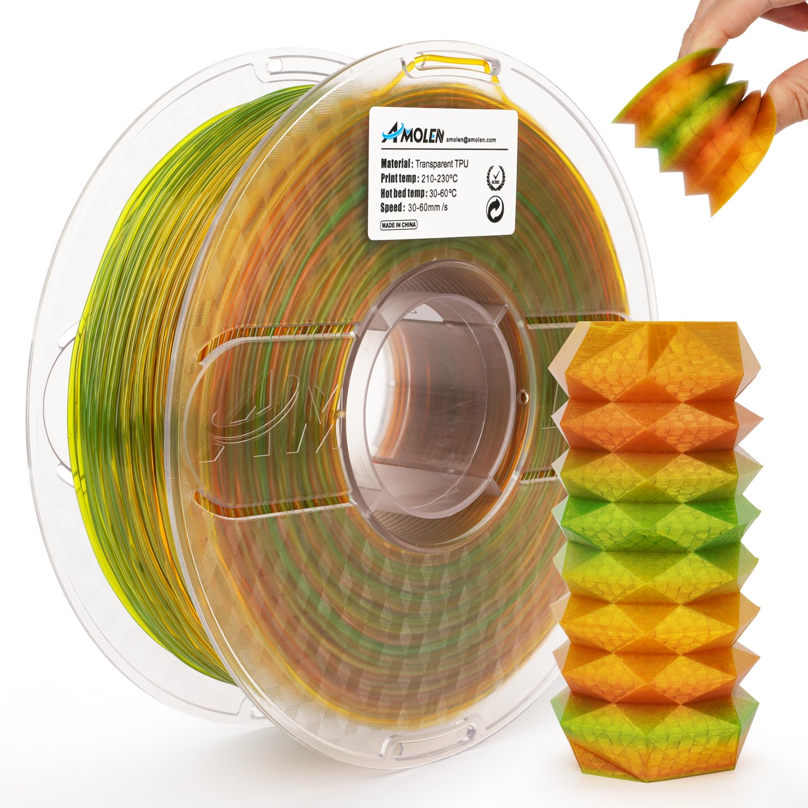 Amolen TPU Rainbow Filament 1.75mm, 1KG. Transparent TPU, multicolor 3D printing material with high elasticity.