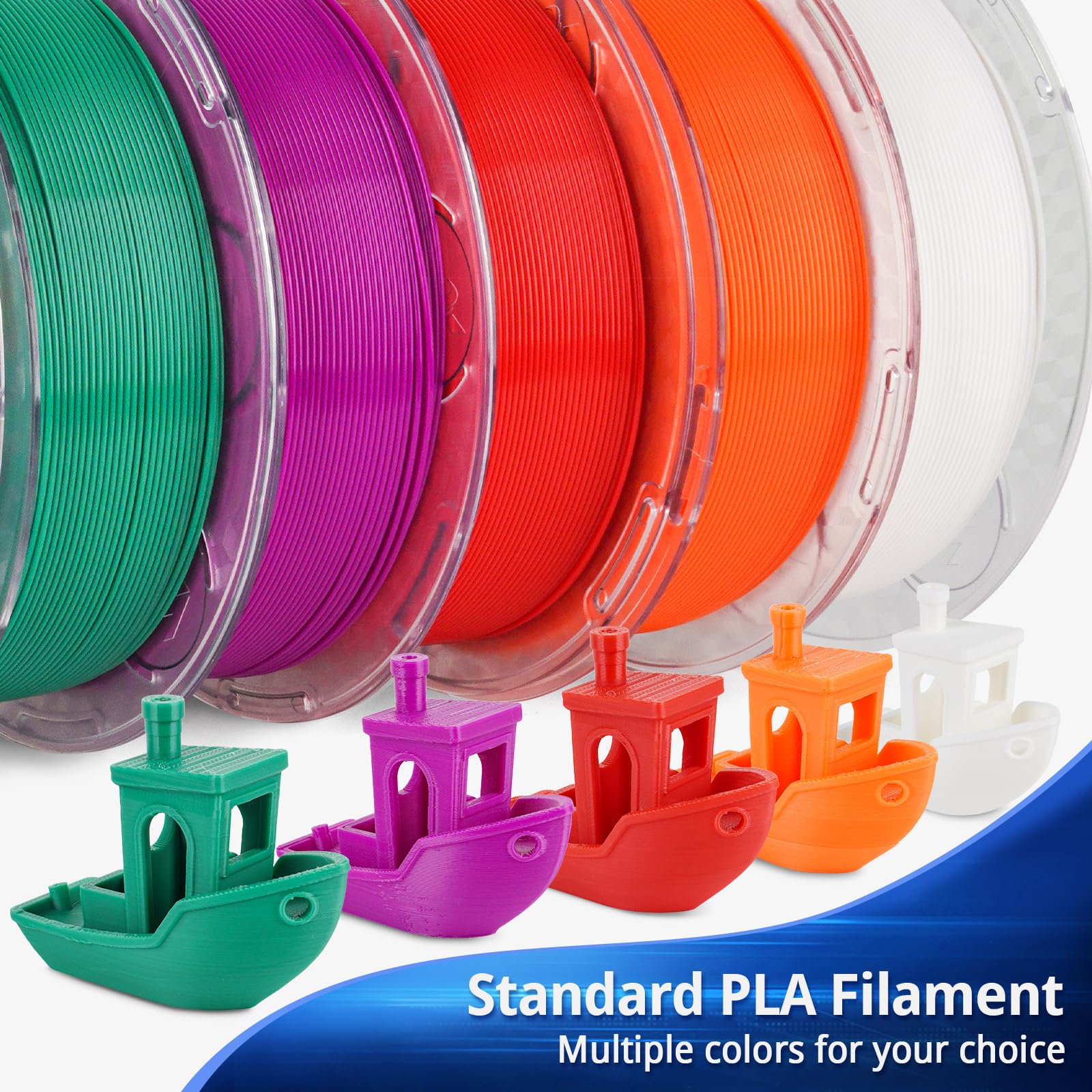 Amolen Standard PLA filament in various colors with 3D-printed boats, multiple colors for 3D printing choice.
