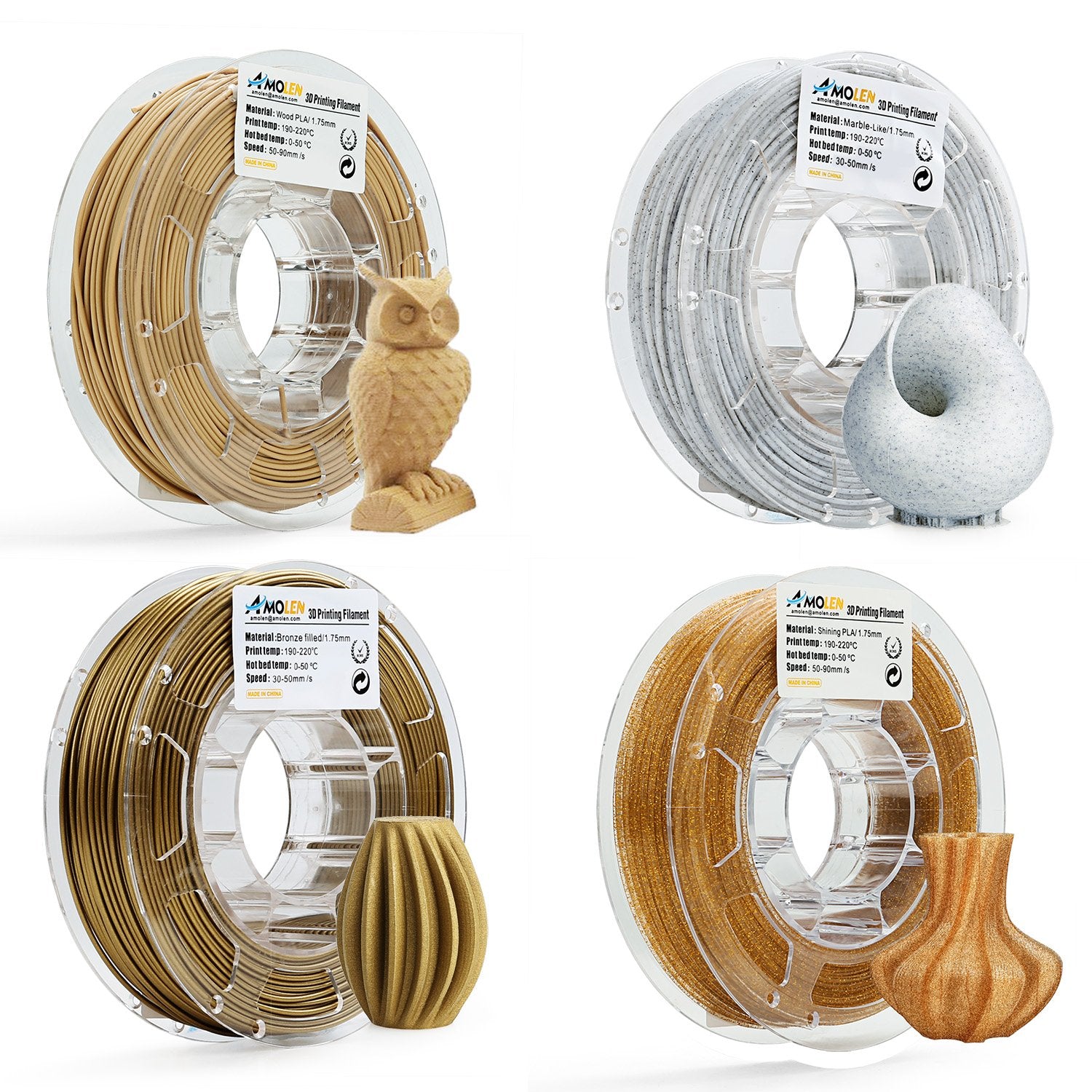 Amolen PLA 1.75mm filament spools with 3D printed models, showcasing wood, marble-like, bronze, and shining textures.