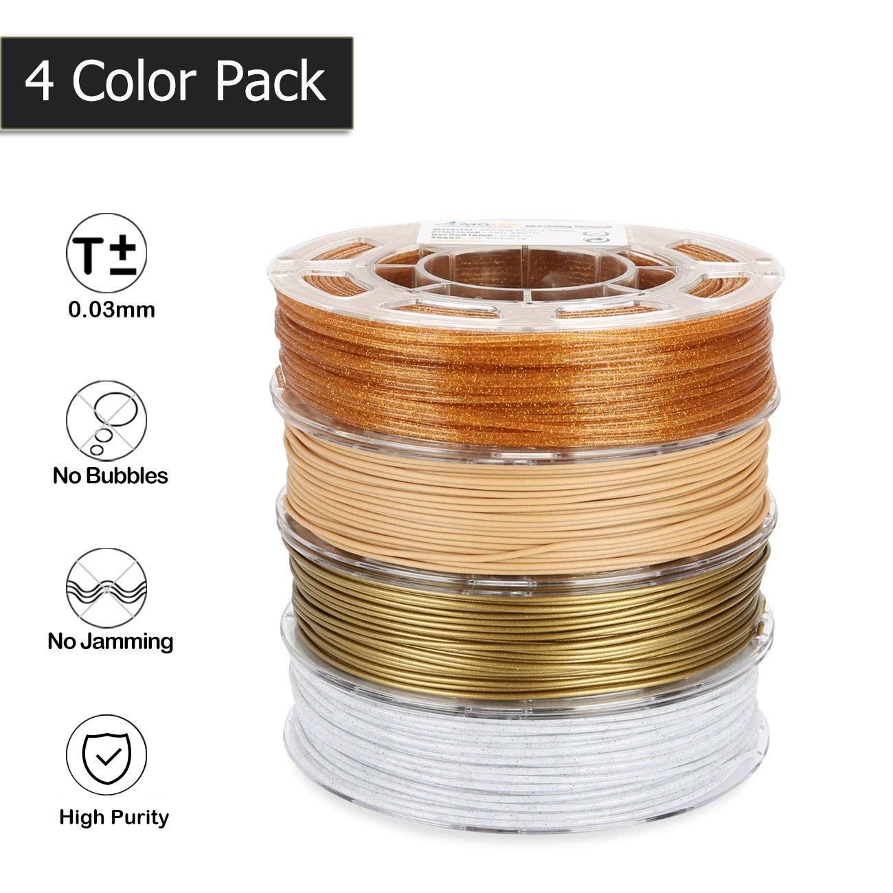 Amolen 4-Color PLA Filament Pack - 1.75mm. Gold, Beige, Gold, and White. No Bubbles, No Jamming, High Purity.