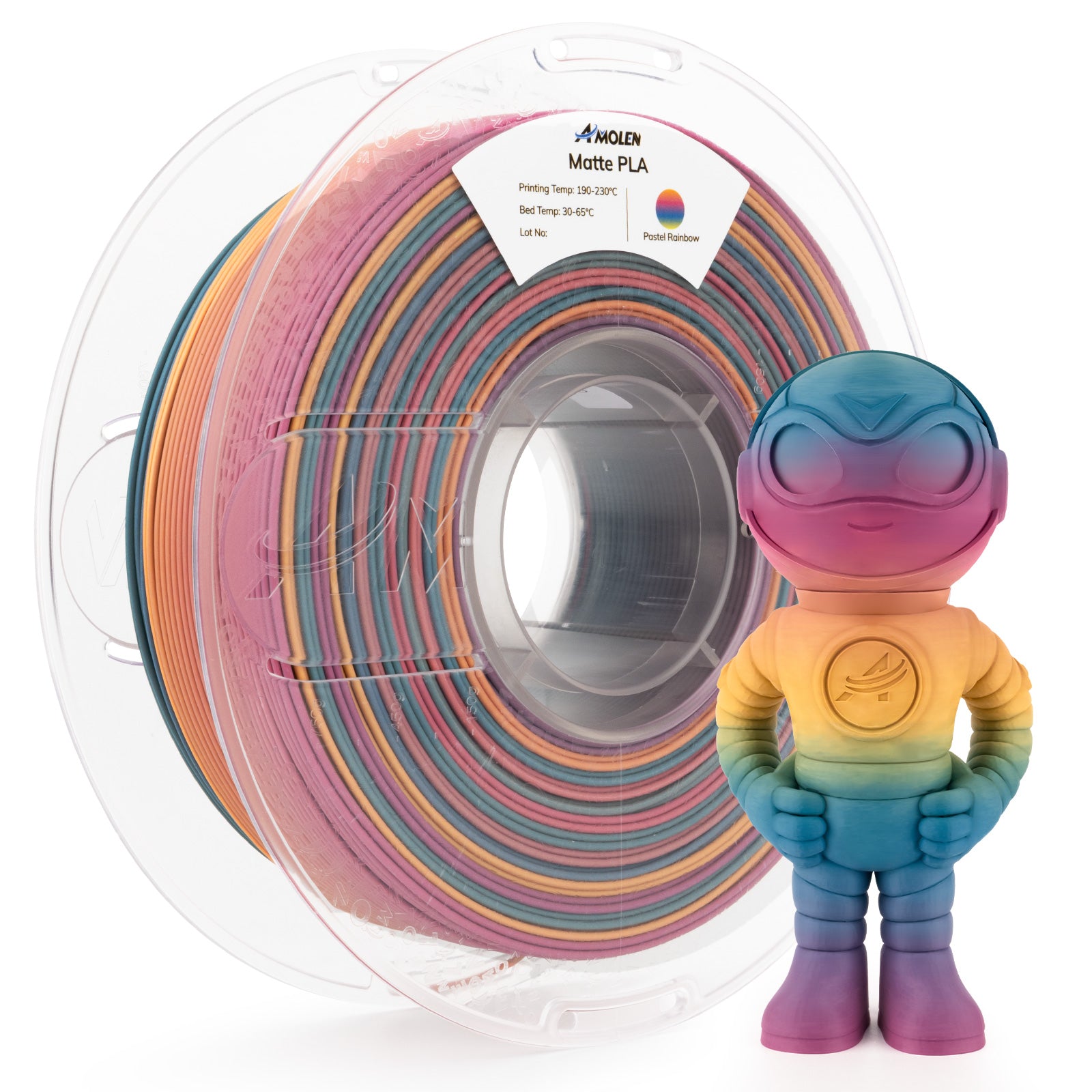 Amolen Matte PLA Pastel Rainbow Filament with 3D printed figure, showing matte texture, 1.75mm for 3D printing