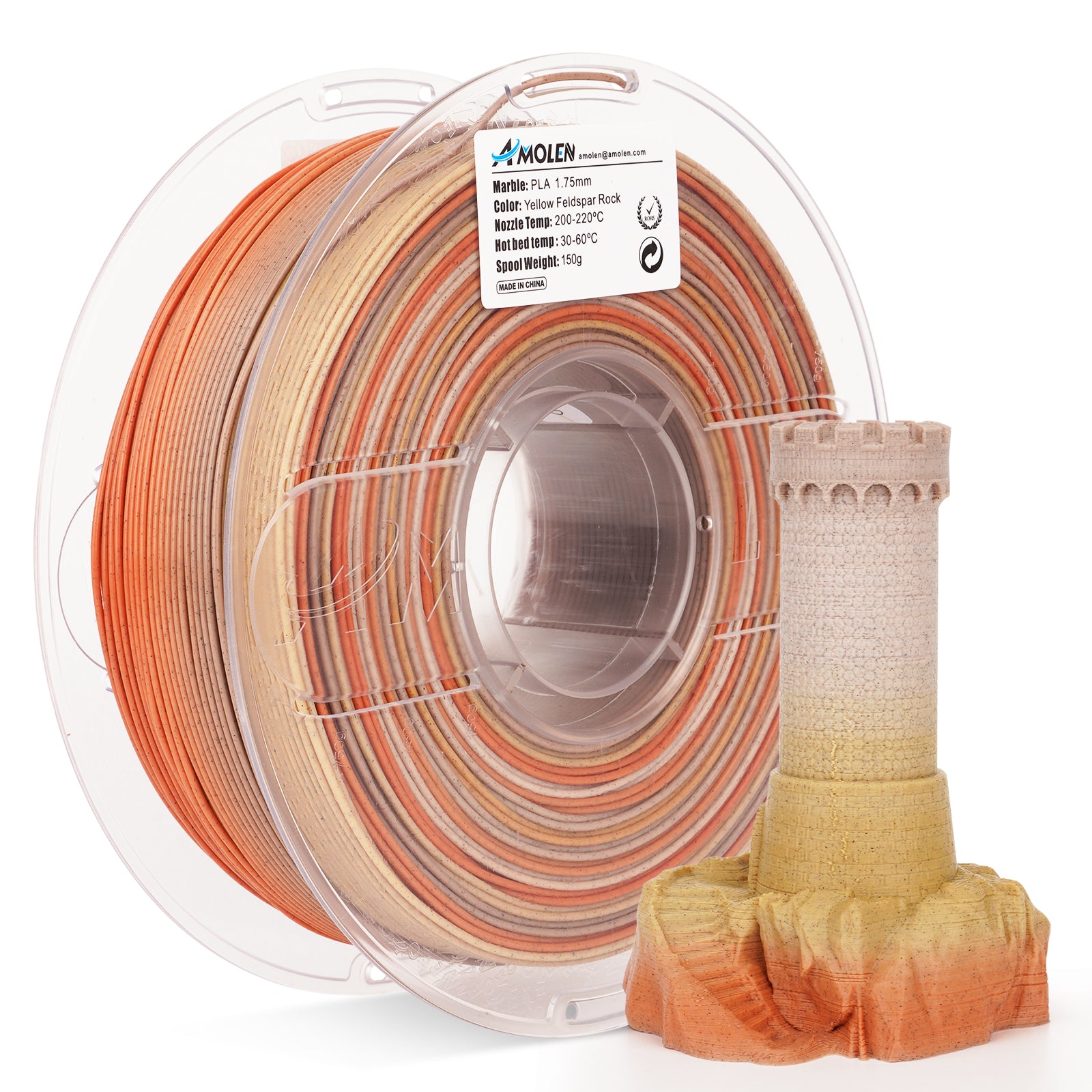 Amolen PLA Marble 1.75mm Yellow Feldspar Rock filament spool with 3D-printed castle, marble texture.