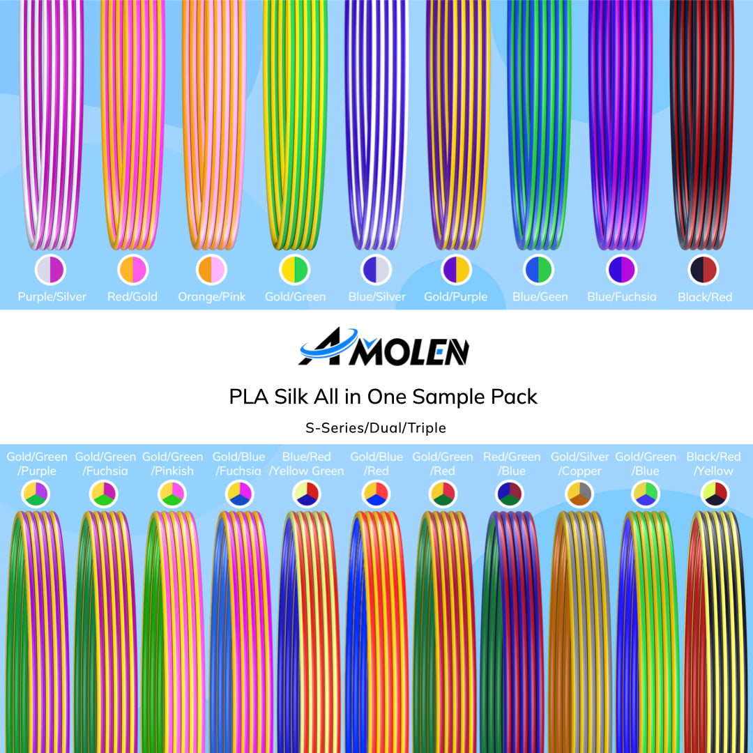 Amolen PLA Silk Sample Pack: Explore a variety of colorful silk PLA filaments for 3D printing projects.