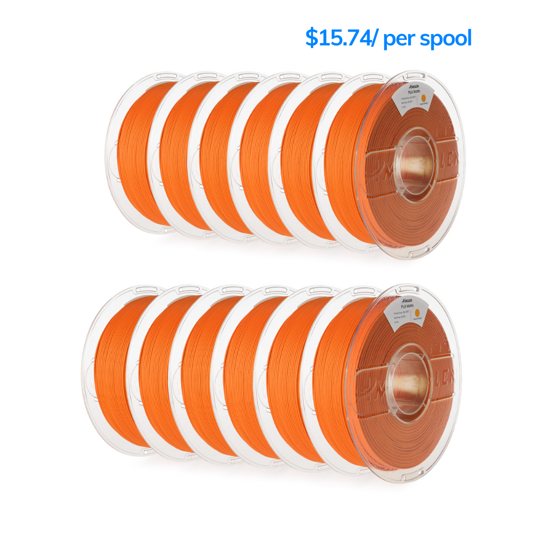 Orange Matte PLA Filament 12kg Pack - $15.74/spool, ideal for 3D printing projects.