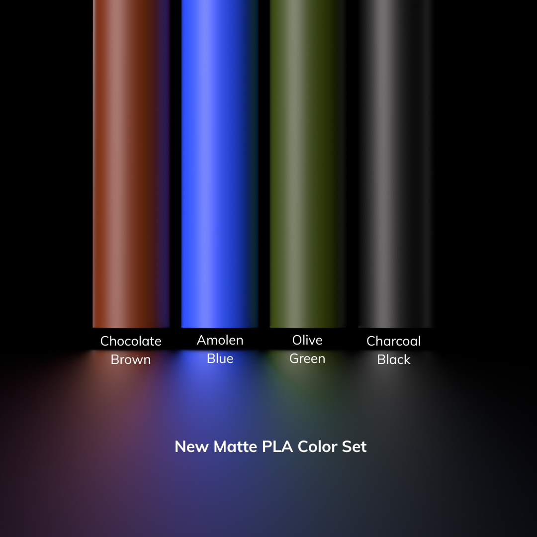 Amolen New Matte PLA filament set featuring Chocolate Brown, Blue, Olive Green, and Charcoal Black colors.