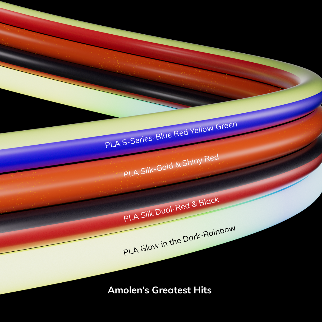 Amolen's Greatest Hits: PLA Filament showcasing various colors, including Silk, Glow-in-the-Dark for 3D printing