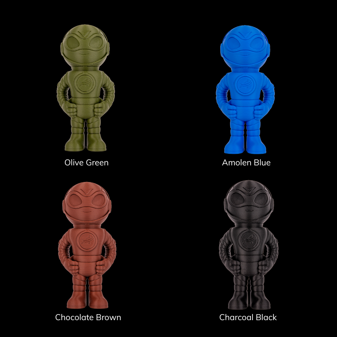Amolen PLA Filament robot figurines: Olive Green, Amolen Blue, Chocolate Brown, Charcoal Black. 3D printed product.