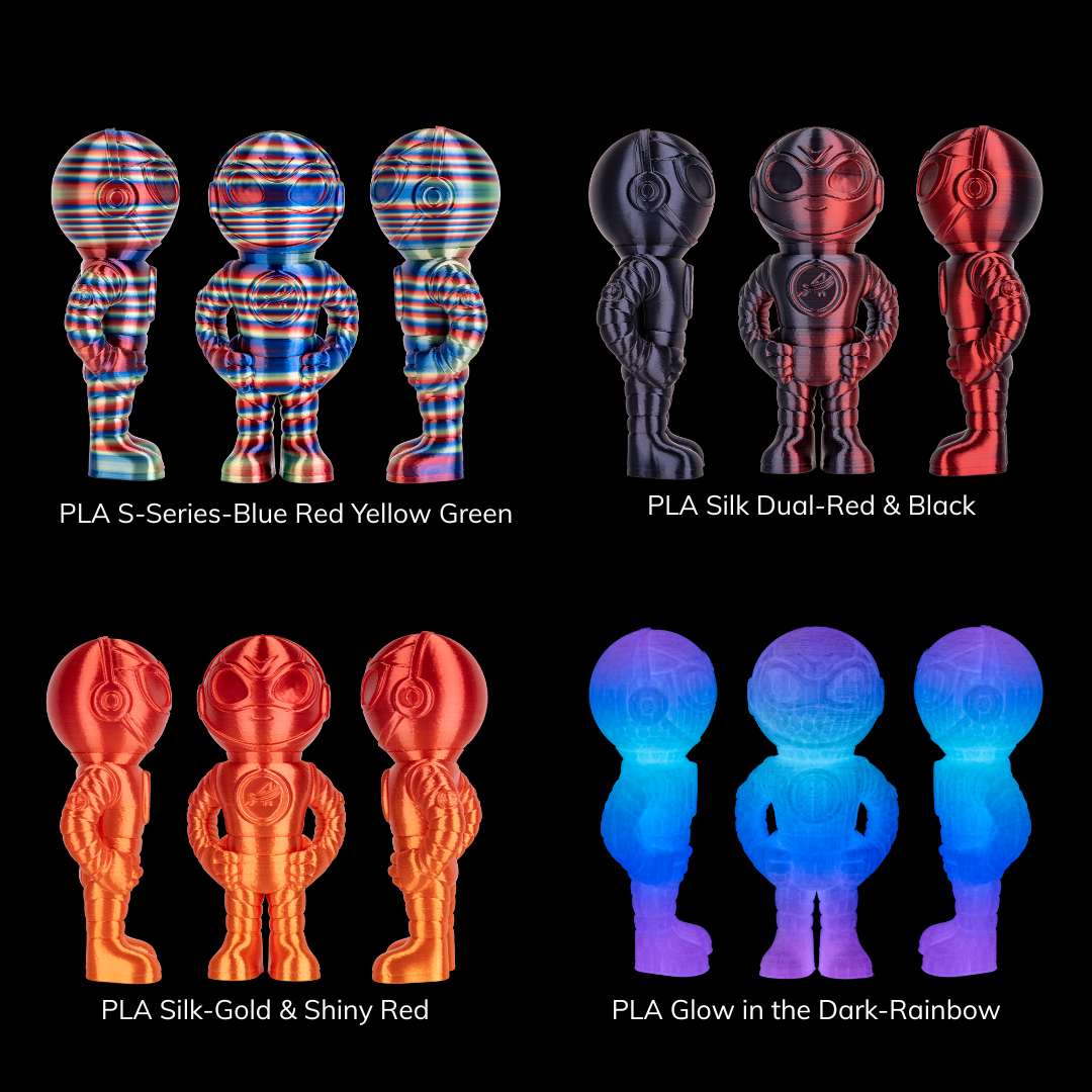 Amolen 3D printed PLA filament sample, showing different colors and styles including silk and glow in the dark options.